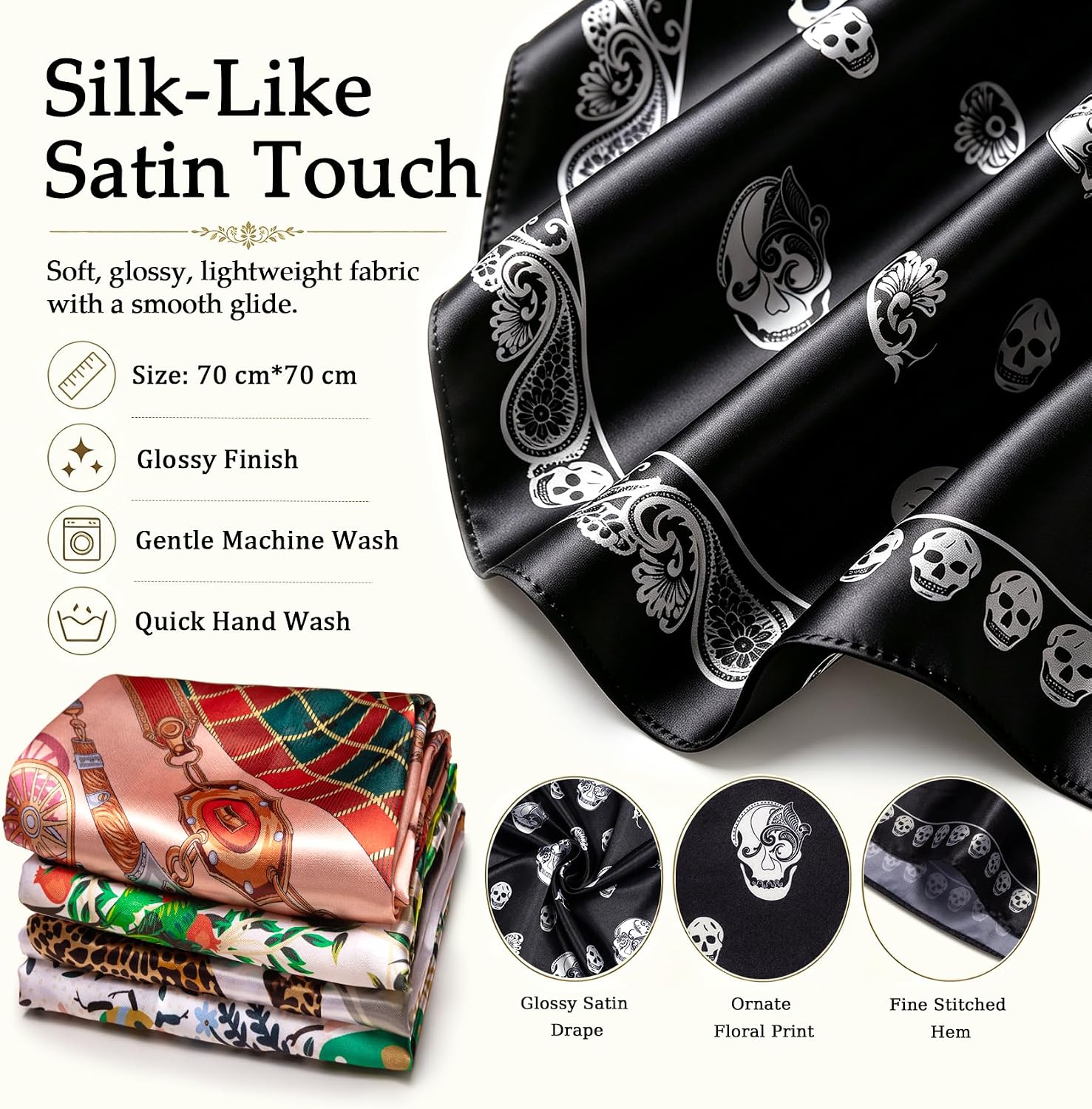 Barry.Wang Head Scarf for Women Like Silk Bandana and Floral Ring Clip 2PCS image 5