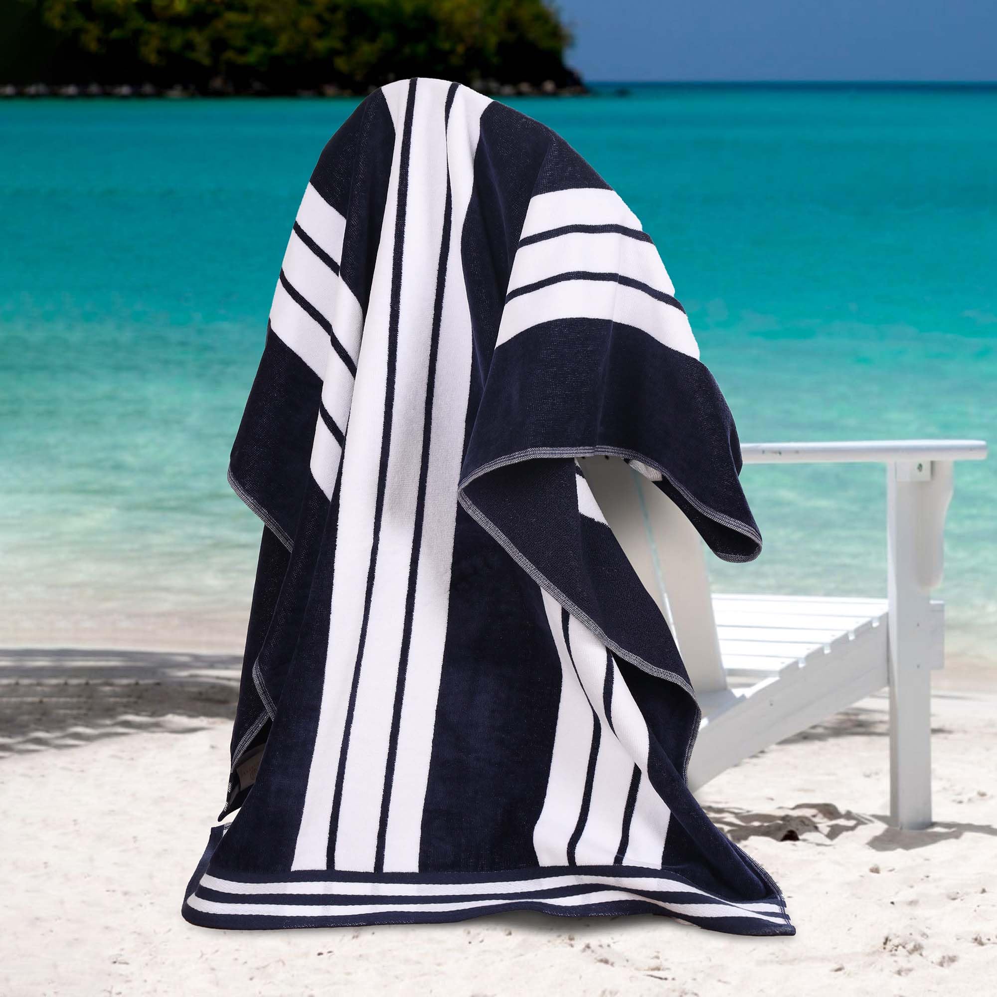 Superior Oversized Cotton Beach Towel Set of 2, Absorbent Towels for Bathroom, Pool, Swim, Adults, Kids, Vacation, Travel, Bath Sheet, Quick Dry Basics, Trip Essentials, Striped Decor, Blue Blue Beach Towel 2-Pack (Cabana Striped)