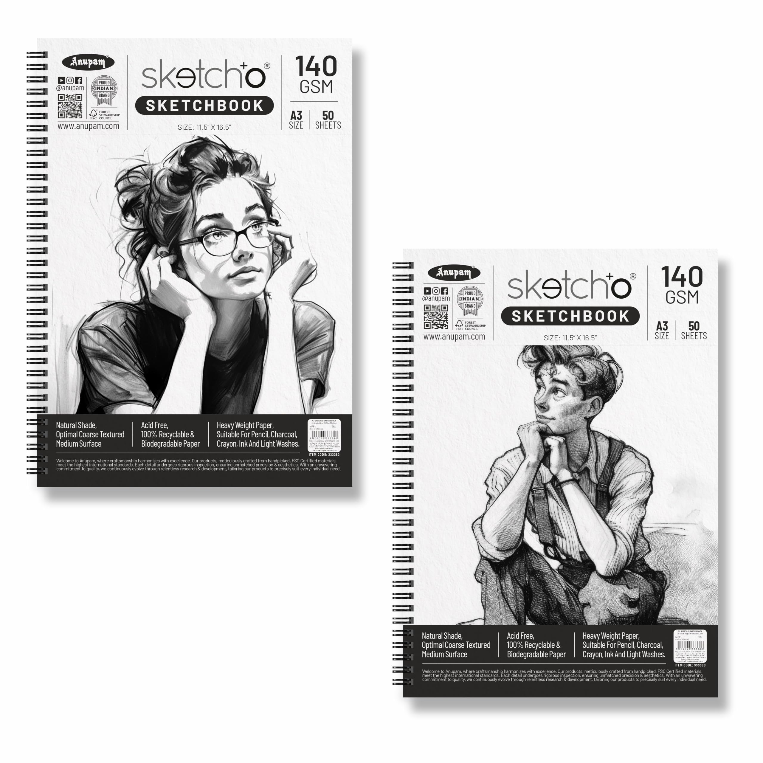 Anupam 100% bawełniana podkładka papierowa akwarelowa - naturalna biel - szorstki papier prasowy - 250 g/m2 - A3