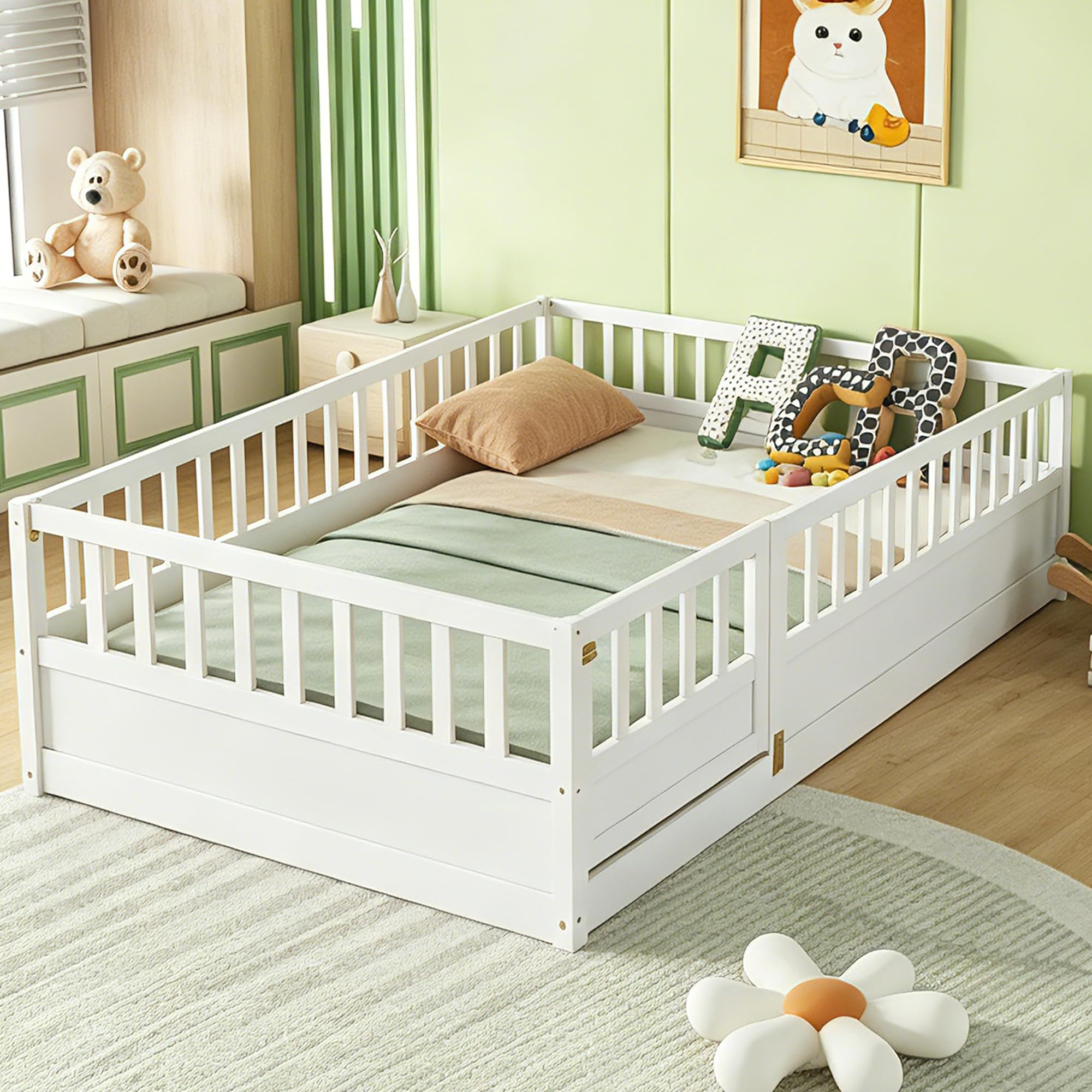 Bellemave Full Size Floor Bed with Fence and Door, Full Size Montessori Floor Bed with Guardrails, Easy Assemble Montessori Beds for Girls, Boys,