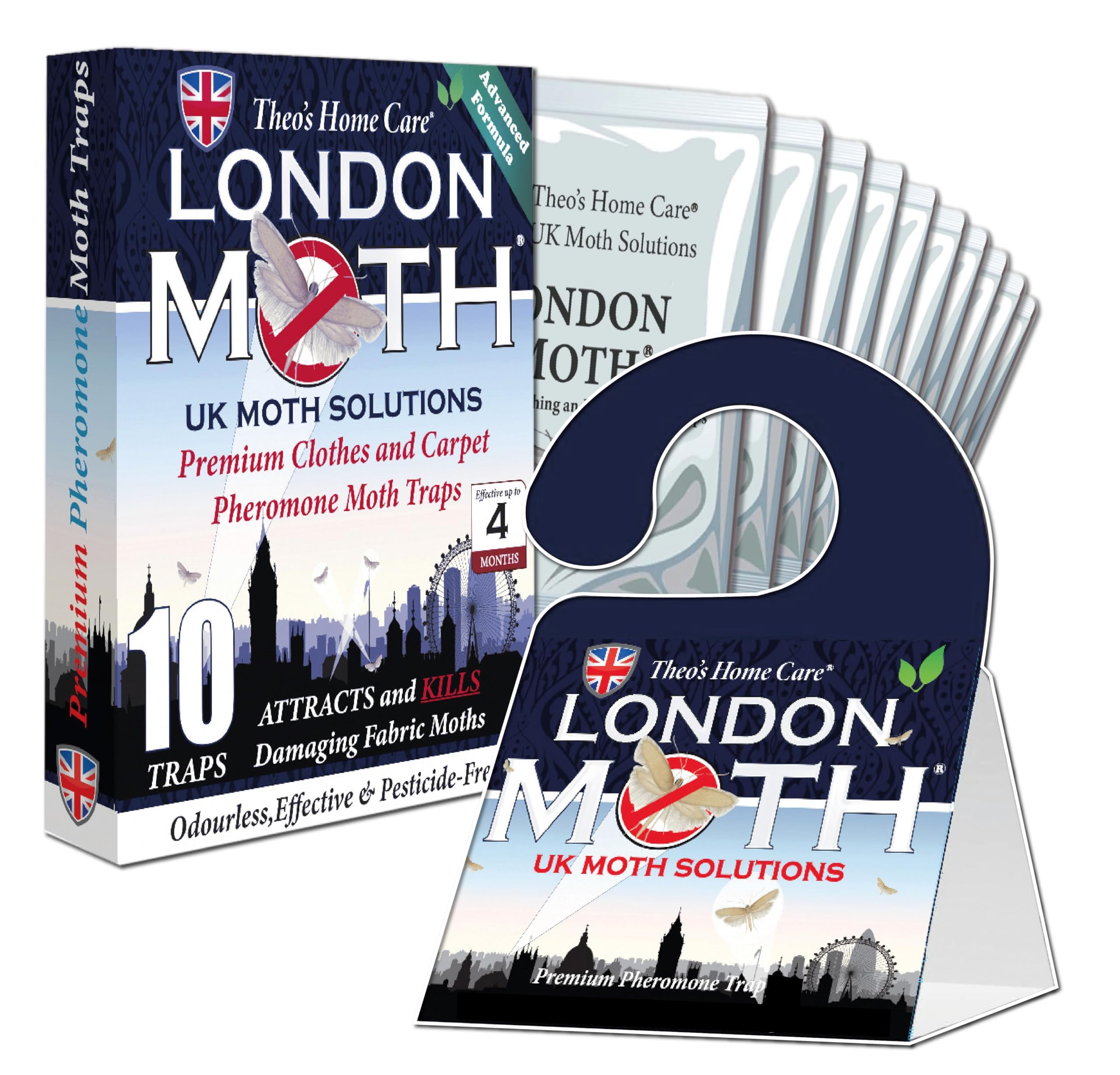 LONDON MOTH KILLER 10 (TEN) Premium Sticky Pheromone Moth Traps for the Common Clothes Moth and Similar Variants, for Wardrobes, Clothes and Carpets. inc. eBook (London Moth)