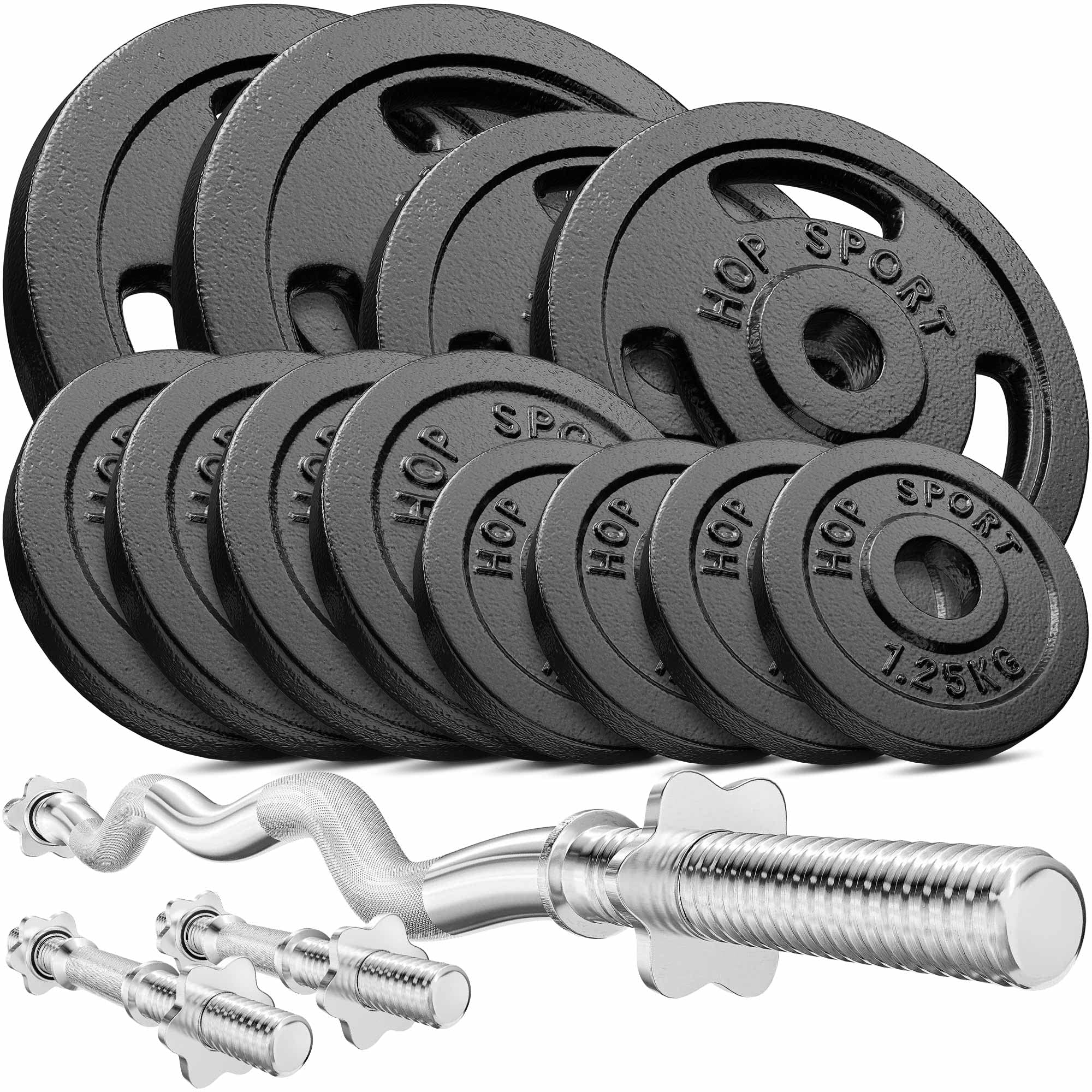 Hop-Sport Gusseisen Hantelset mit SZ-Stange und Kurzhanteln, Set 37kg, 57kg oder 77kg, inkl. Curlhantel, Kurzhantelstangen & Sternverschlüsse, Für Home Gym, 150 kg Max. Belastbarkeit