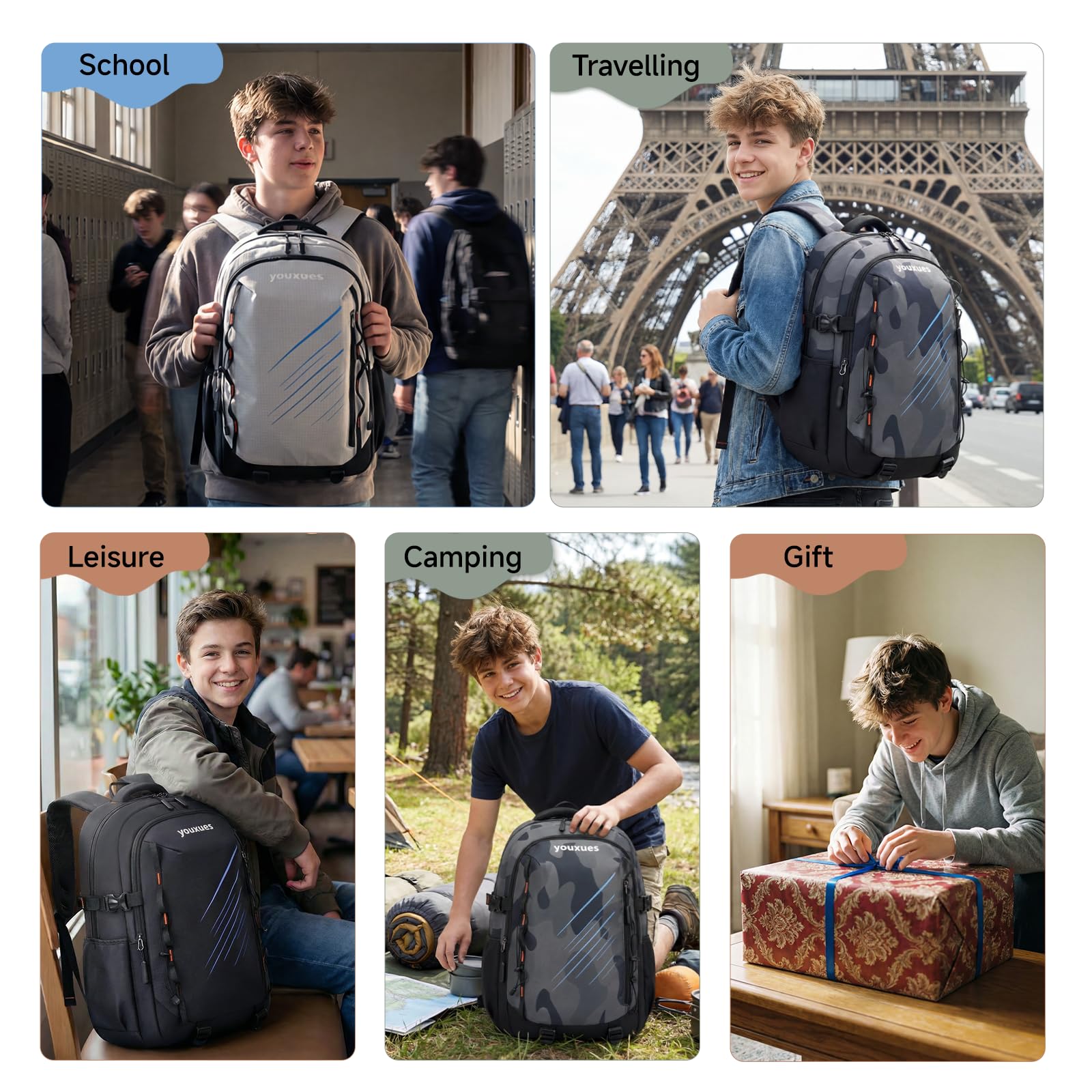 Amythe Sac à Dos Collège Garçon – Cartable Adolescent Léger et Imperméable – Grand Sac d'École Camouflage pour Garçons 12+ Ans, 15.6 Pouces – Pour l'École, Voyager, Quotidien