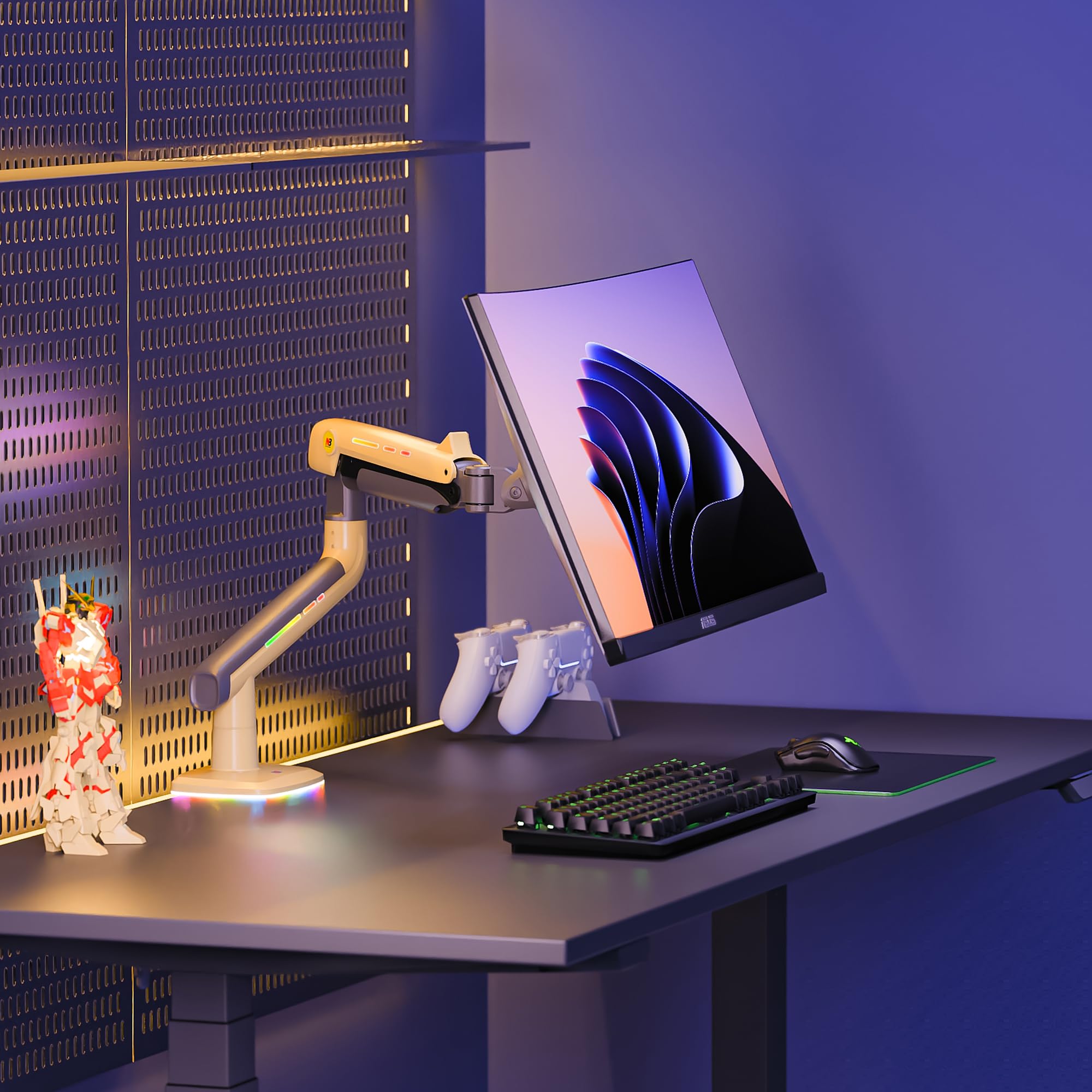 NB Ergonomic RGB Braccio Monitor per da 32 a 60 Pollici Schermo Piatti Ultrawide Curvi, Supporto per Monitor Resistente Carico fino a 20 kg VESA 75&100 mm (Giallo)