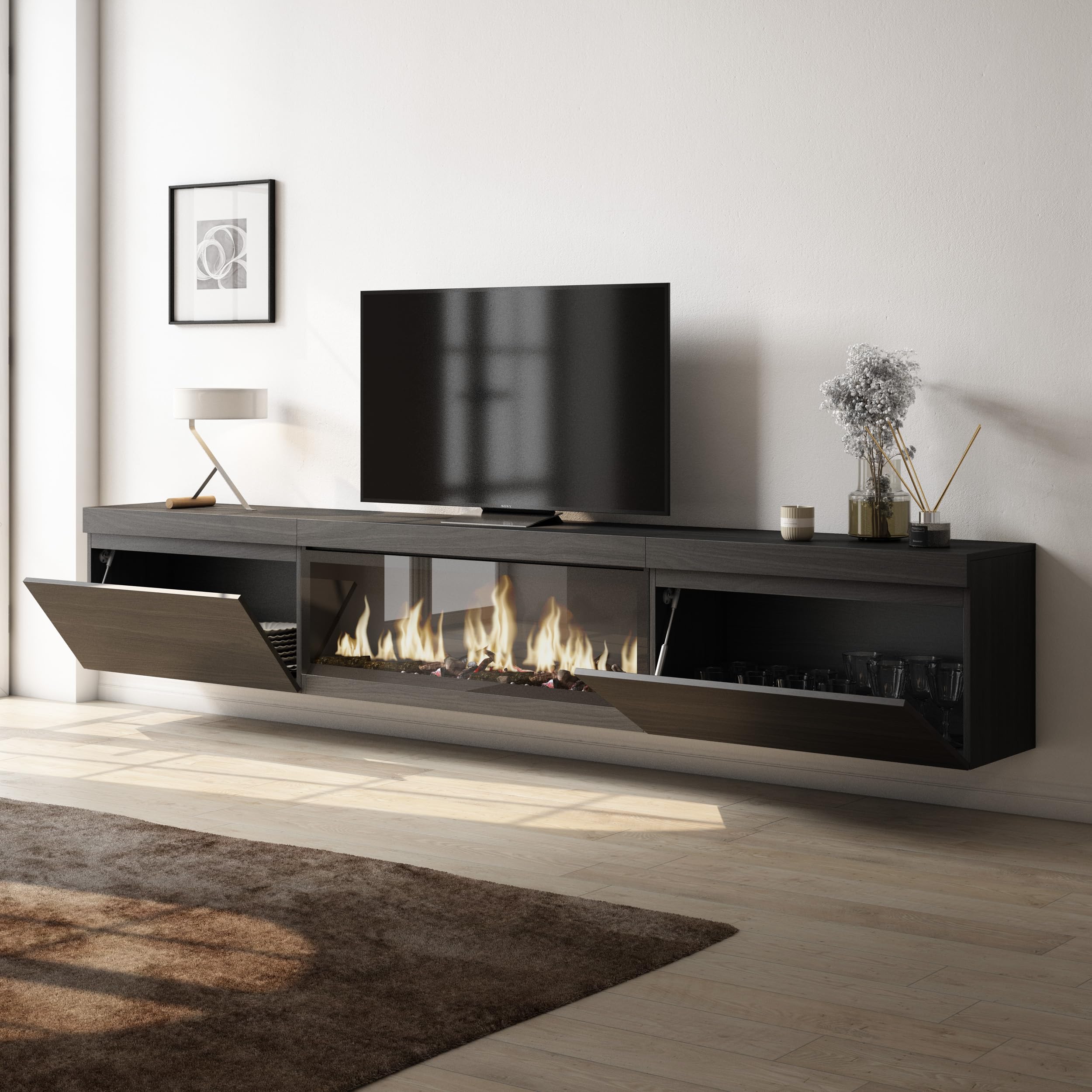 Skraut Home | Mueble TV | Televisión | Muebles de salón, almacenaje | 267x45x35 cm | para TV Gran Formato | Chimenea eléctrica XXL | Colgado, Suspendido | Estilo Moderno | Negro