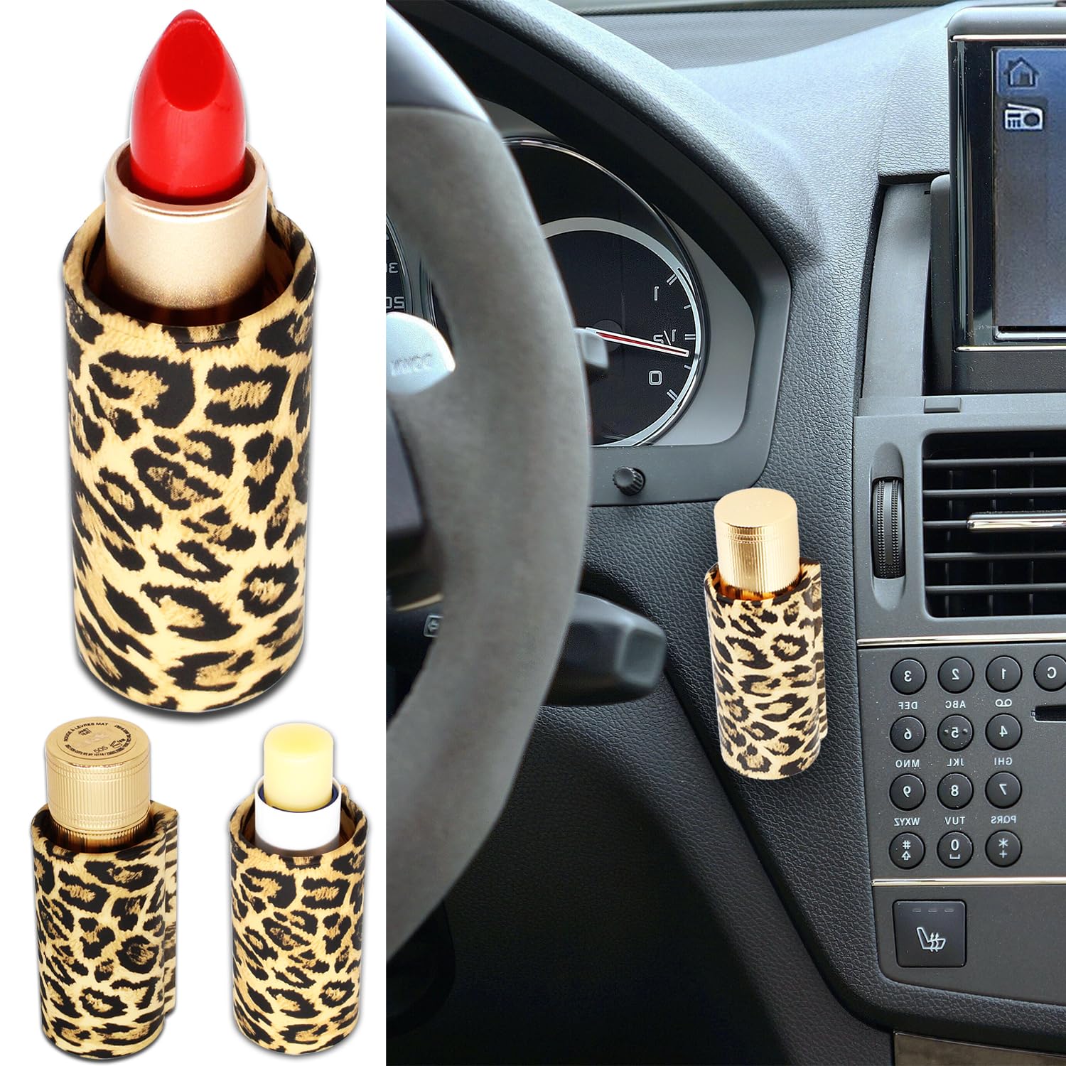AnnabelZ 3PCS Chapstick Holder for Car Silicone Upright Lip Balm Holder Car Accessories for Women Car Interior Organizer (Leopard)