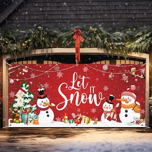 Miniatura 6 de Cubierta de puerta de garaje de Navidad de 6 x 13 pies, telón de fondo grande de muñeco de nieve de Navidad para decoración de feliz año nuevo,