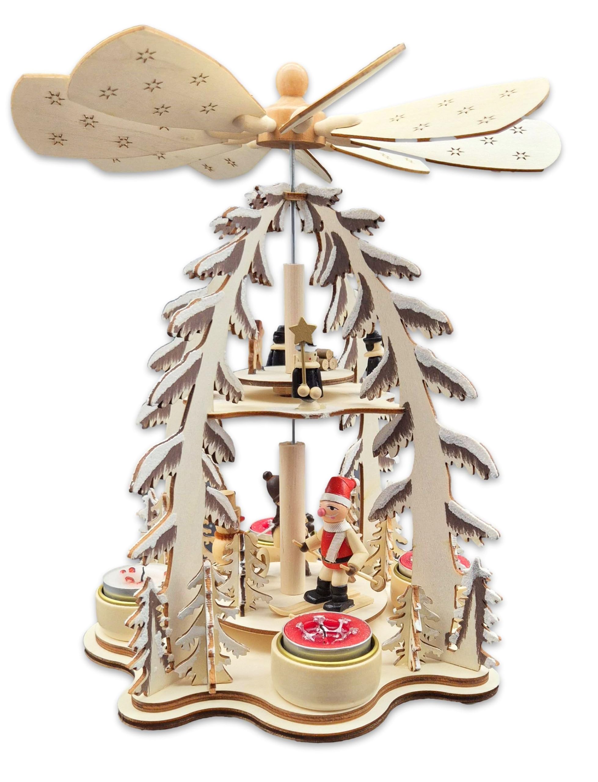 Wichtelstube-Kollektion XL Weihnachtspyramide Skifahrer und Sternensinger, Pyramide für Teelichter Weihnachten Weihnachtsdeko Holz mehrere Ebenen 30cm groß