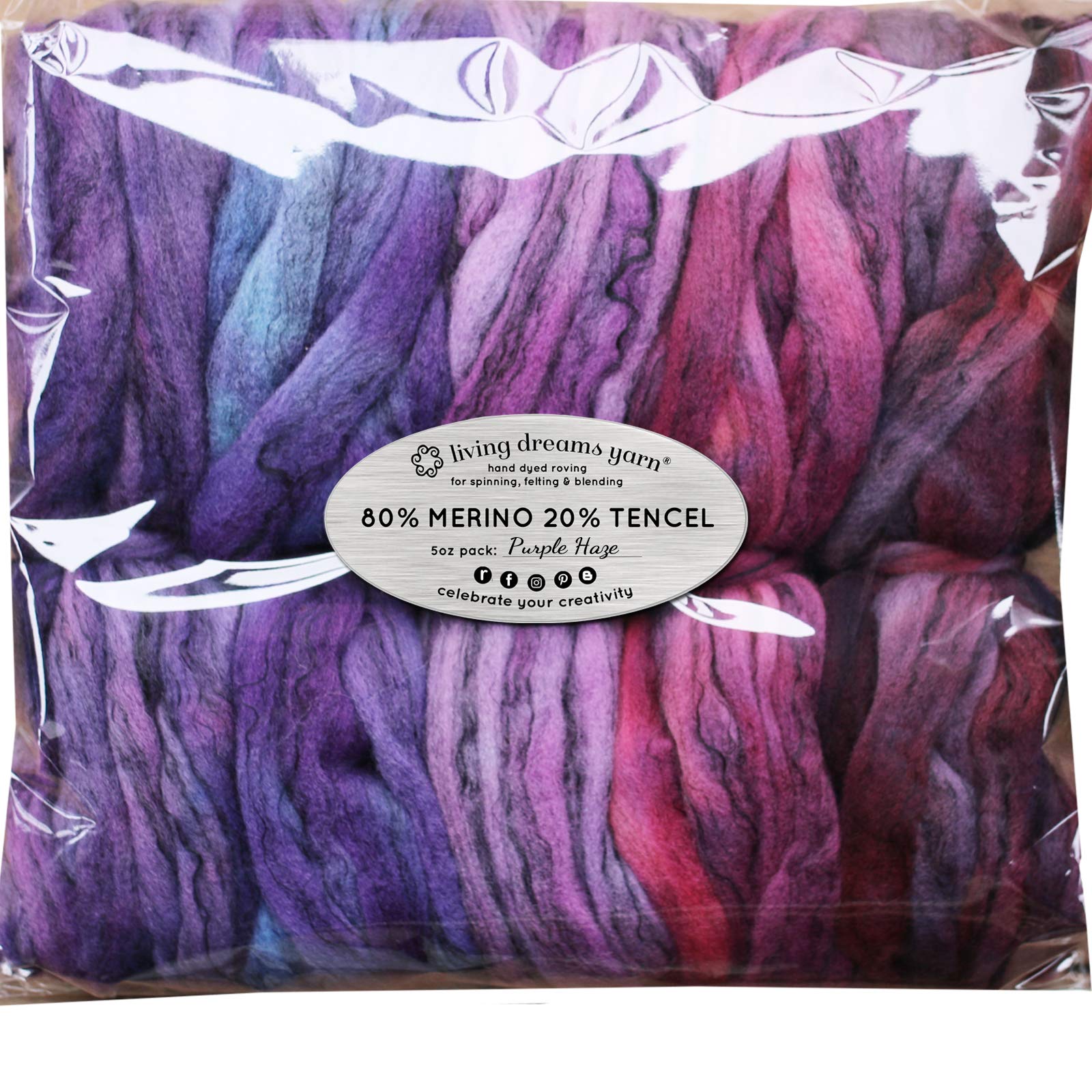 Hand Dyed Merino Tencel Spinning Fiber. Super Soft Wool Top Roving Drafted for Hand Spinning, Felting, Blending and Weaving. 5 Beautifully Colored Mini Skeins Discount Pack, Purple Haze