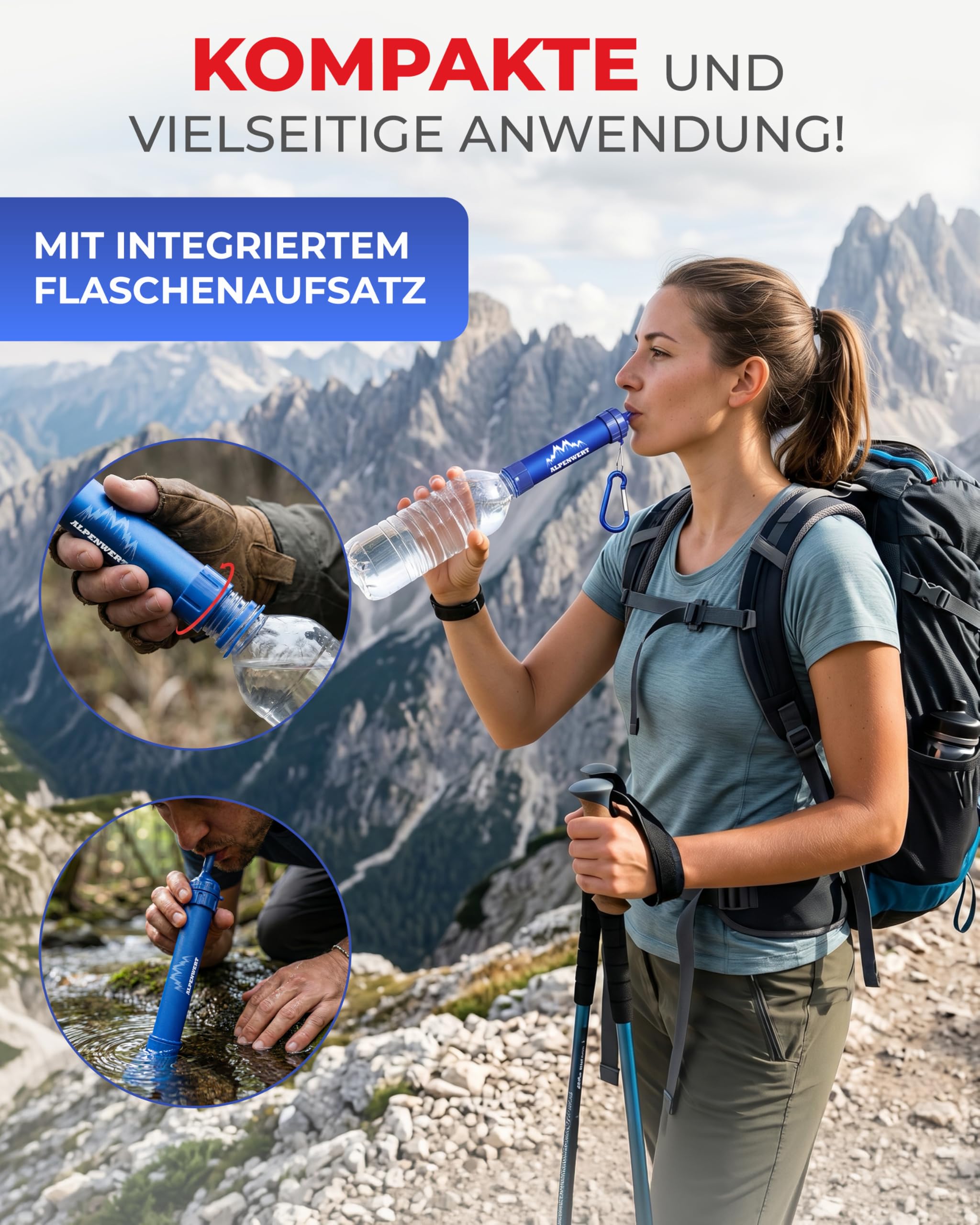 ALPENWERT Wasserfilter Outdoor - Trinkwasserfilter für 4000 Liter gefiltertes Wasser - Trinkwasseraufbereitung die 99,99% aller Keime und Bakterien abtötet