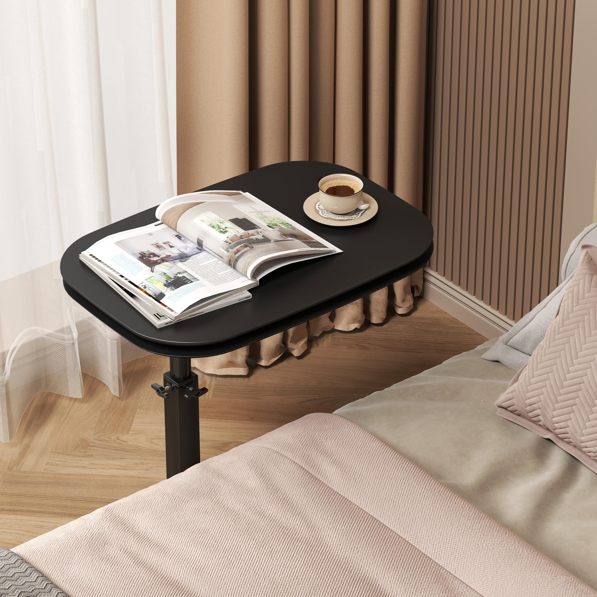 Table d'appoint en forme de C hauteur reglable, table canapé pivotante à 360°, Deux planches de table, ordinateur portable stand pour canapé/lit, Petite café C tables pour Salon/Chambre (Black)