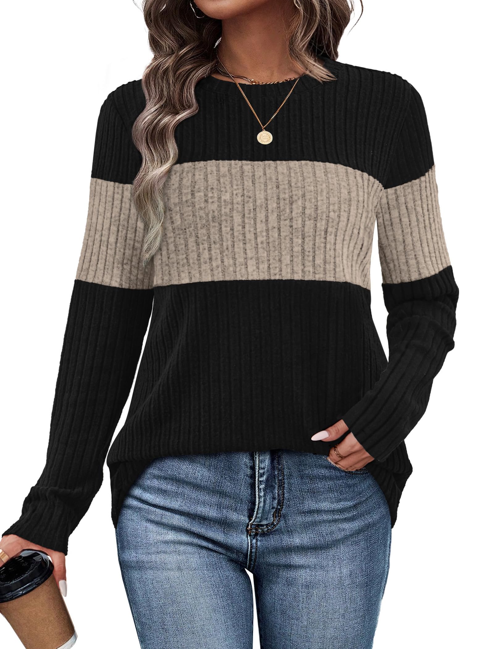 WIHOLL Womens Sweaters Trendy Color Block Tops Long Sleeve Shirts Fall Outfits Early Fall Fashion 2025 Winter Clothing