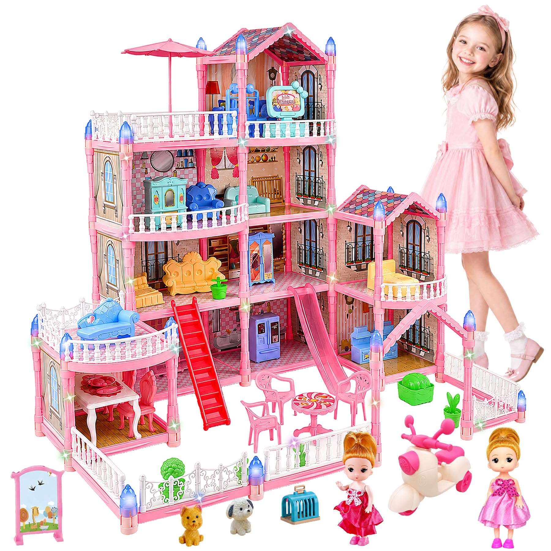 BAZADER Dolls House for Girls Playset 4 Stories 10 Rooms 280 Accessories