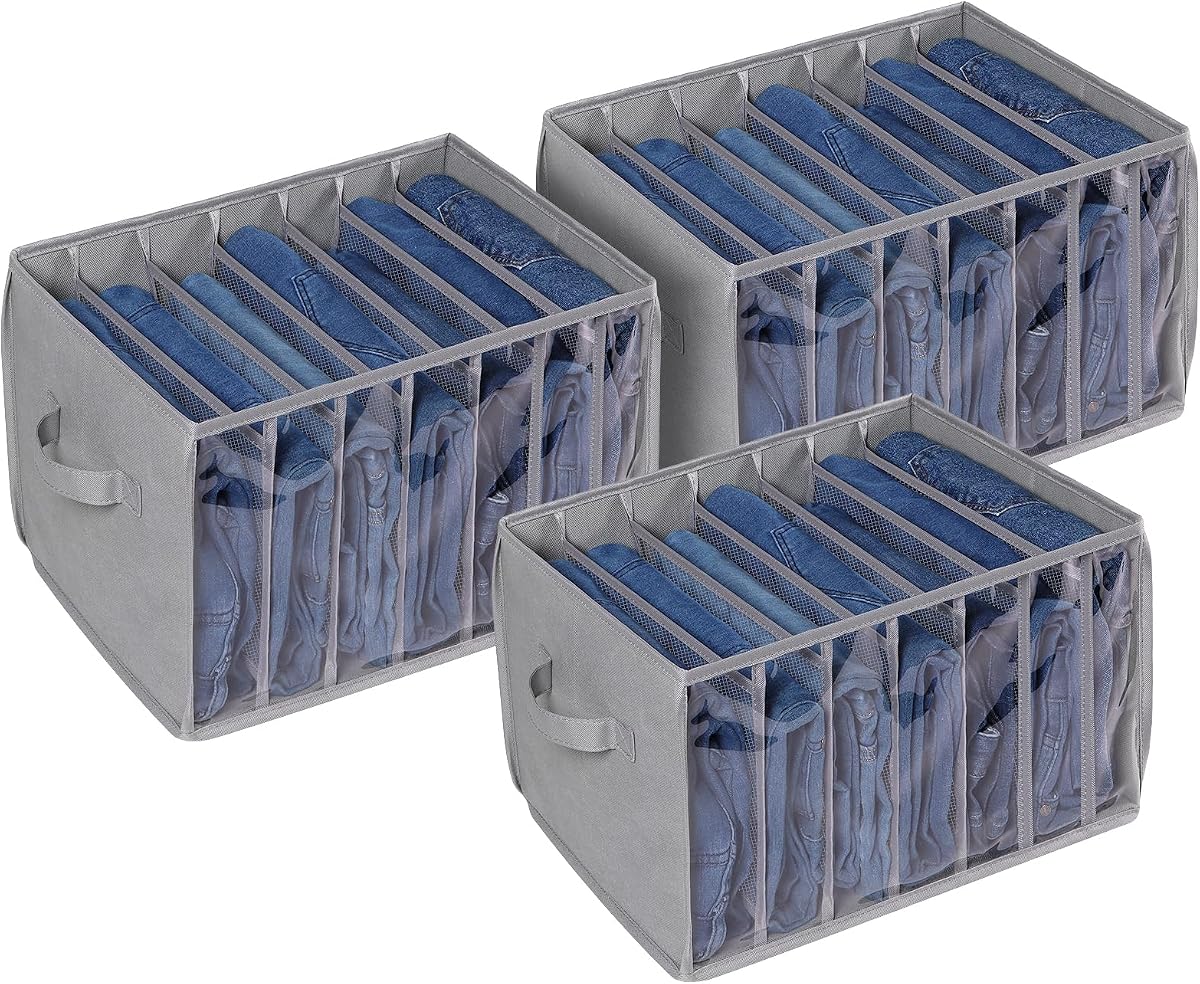 Organizador de ropa de armario Cajas organizadoras de pantalones para armario, paquete de 3 | Separador de 7 rejillas, tabla de soporte, organizador de suéteres mejorado para armario para vaquero, pantalón, suéter, camiseta de leggings