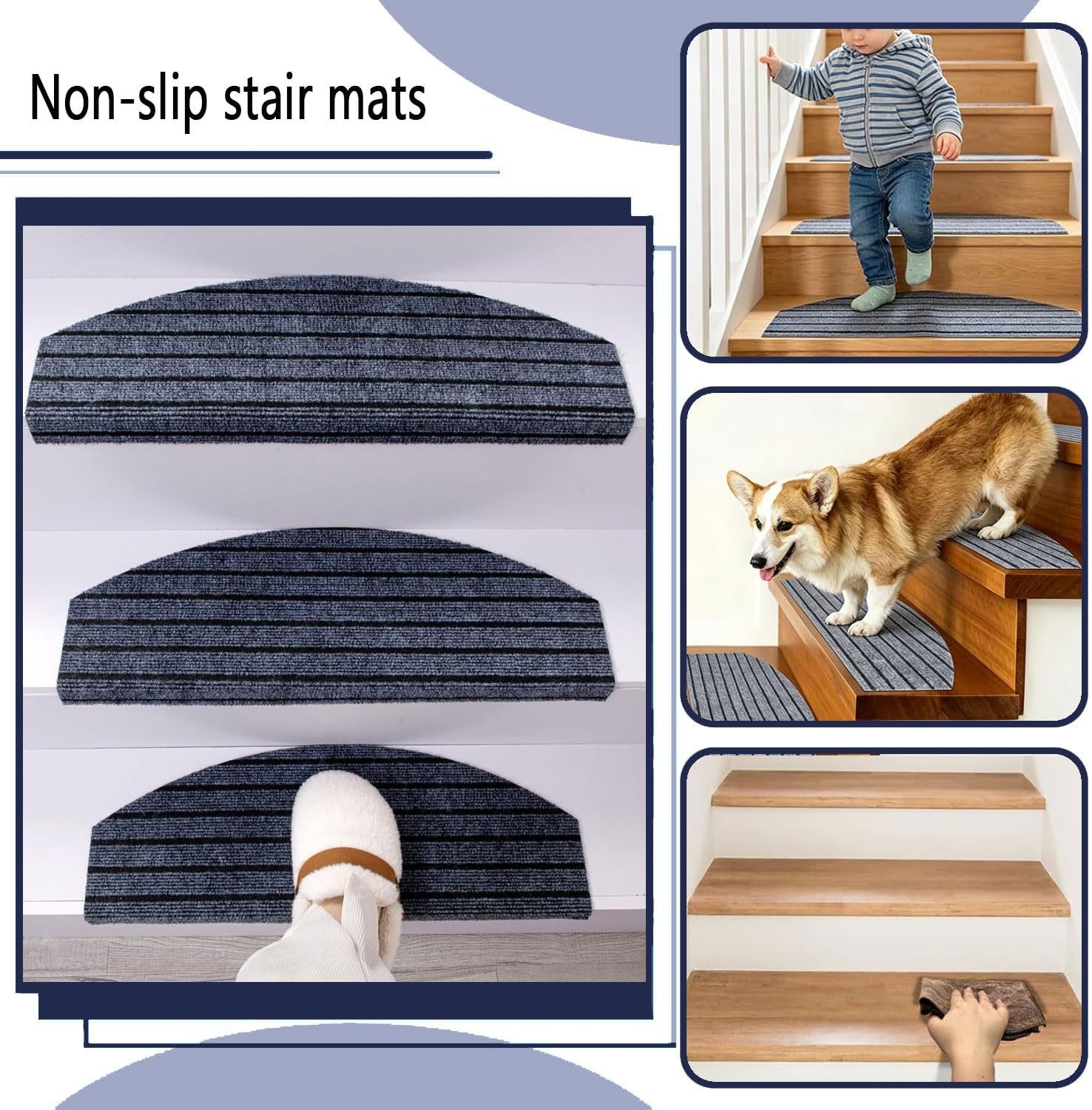 Set di 15/10/5/2 Copertura Antiscivolo per Scale, 60x24cm Tappetini per Scale a Chiocciola Semicircolare Adesivi Passatoie per Gradini Lavabile per Interne Marmo legno Scale(A3,60x24cm(15pcs))
