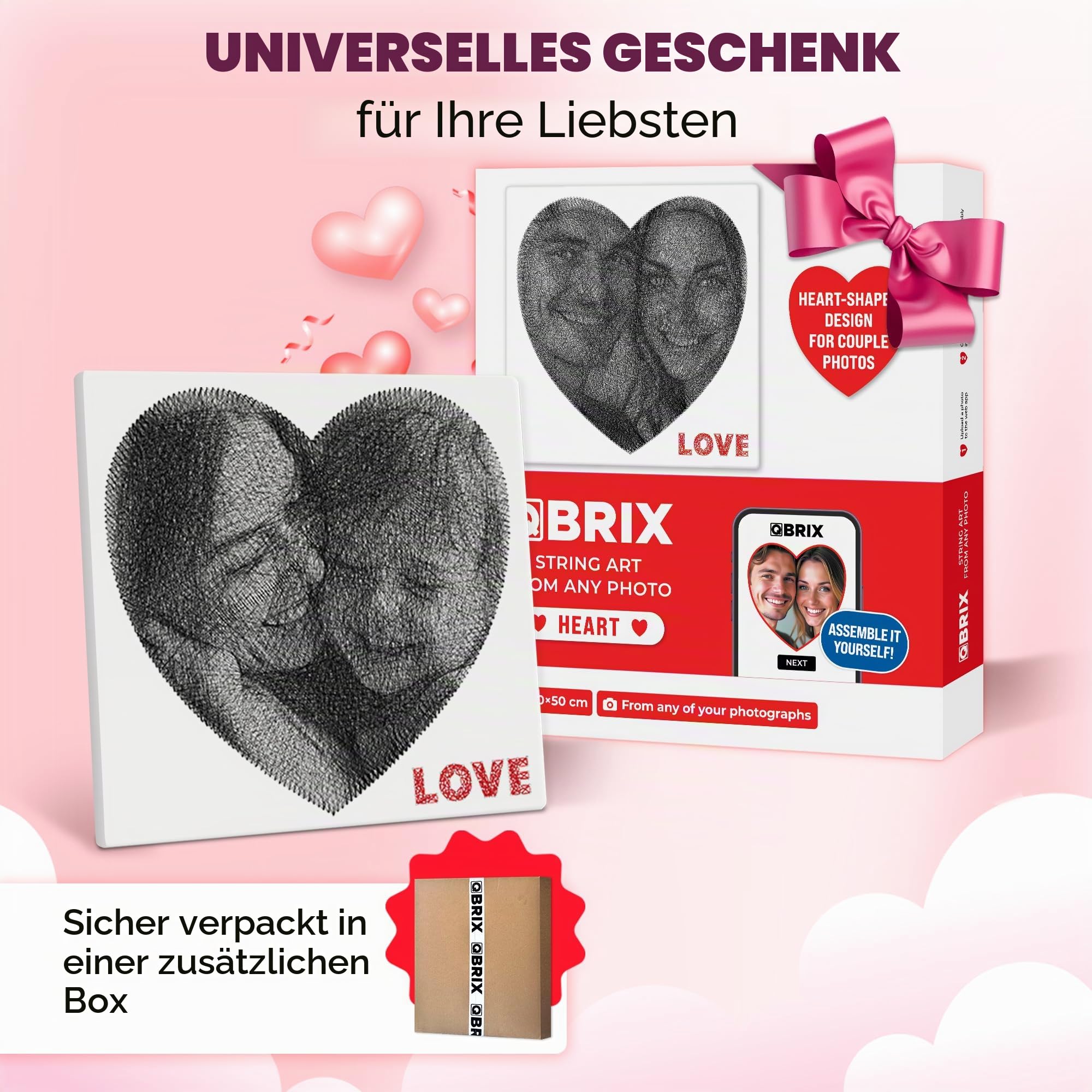 QBRIX Herz – String Art Fadenbild DIY | personalisiertes Geschenk | eigenes Foto als Garnbild | Wunschmotiv | Wandbild (Herz Form 50×50 cm)