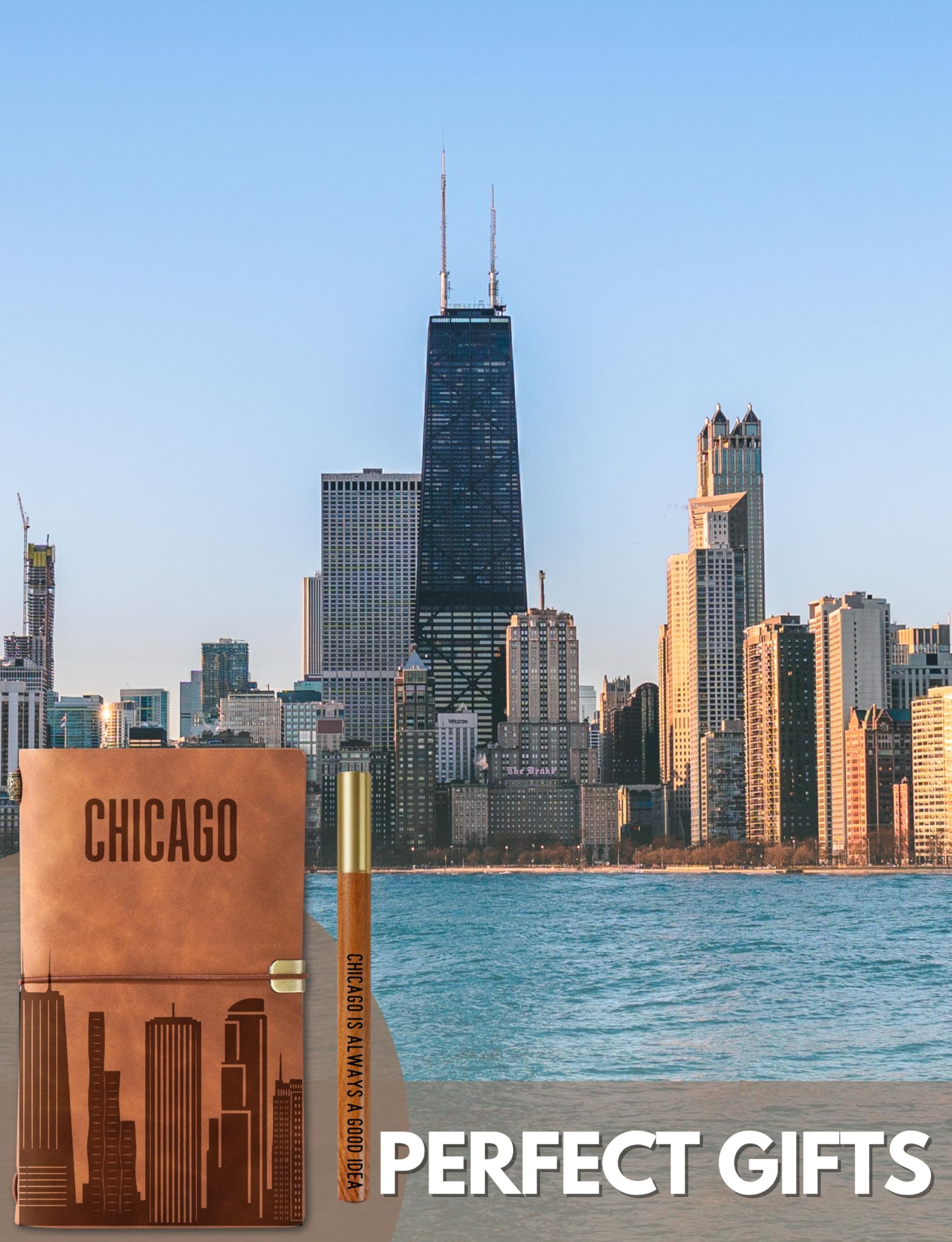 InnoBeta Chicago City Skyline Gifts, Chicago Gifts for Chicago Lovers, Journal Notebook with Pen, Refillable Sketchbook, Lined Planner, 7x5 Inches