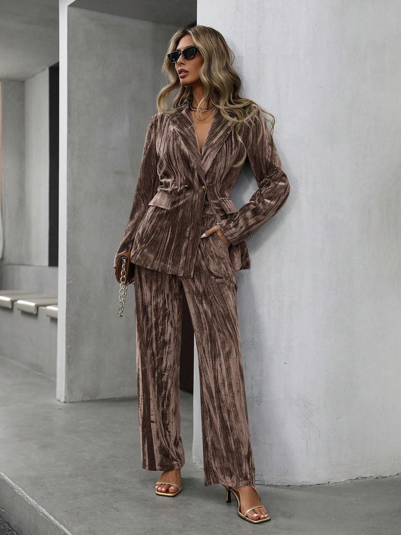 Completo Da Donna Composto Da Due Pezzi: Blazer In Velluto Blazer Vintage In Velluto Stropicciato E Pantaloni A Gamba Larga Elegante Completo Da Sera Da Lavoro O Per Feste.