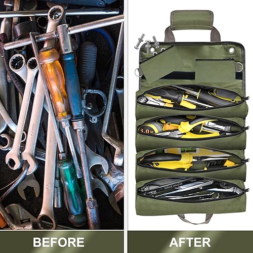 Miniatura 4 de Bolsa de herramientas enrollable, bolsa enrollable de herramientas resistente, con 4 bolsillos y 2 bolsas desmontables, bolsa enrollable para papá,