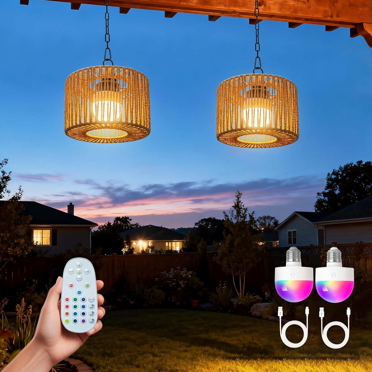 Battery Operated Chandelier Rechargeable, Outdoor Pendant Light Cordless with RGB LED Bulb, Boho Hanging Lights with Remote for Gazebo, Porch, Patio, Pergola, Indoor Decor,Set of 2
