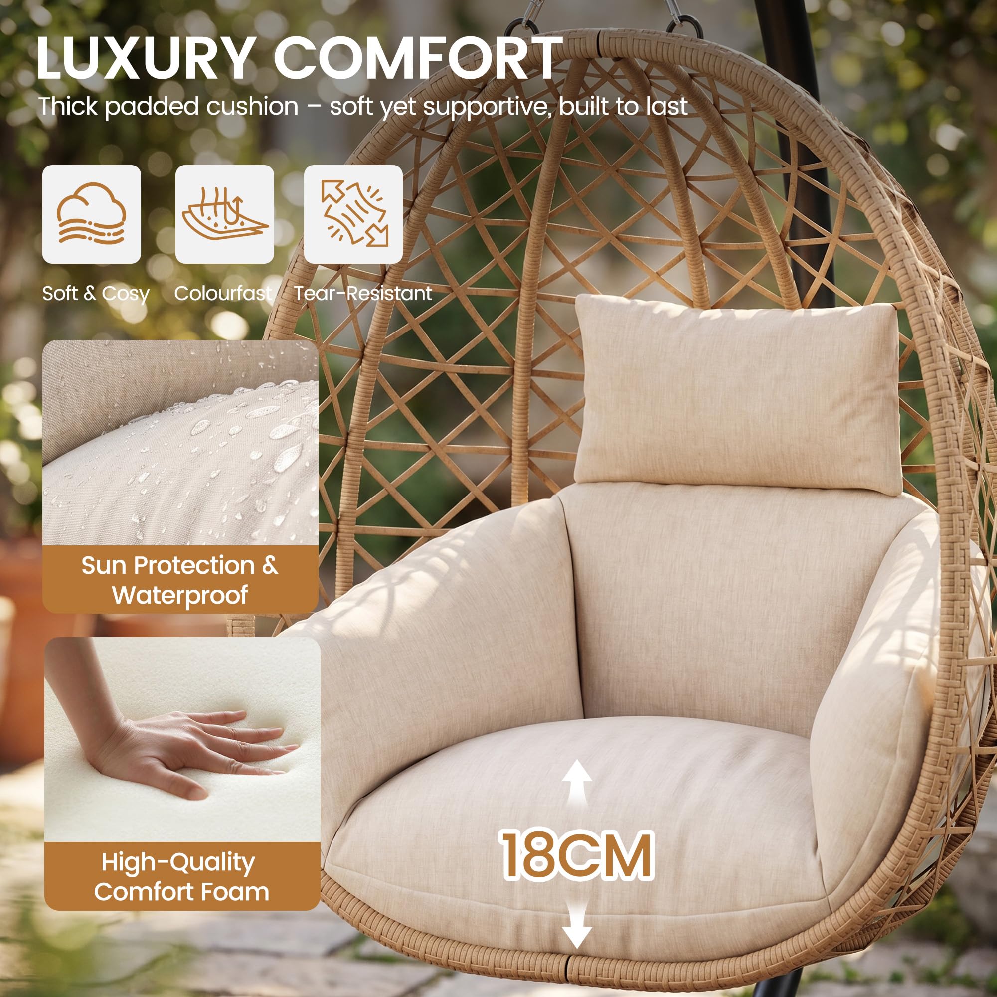 UDPATIO Fauteuil Suspendu Exterieur Oeuf Suspendu Exterieur Jardin avec Support, Capacité 160 kg, Coussin Épais 18 cm, Rotin PE, pour Jardin Balcon Terrasse, Beige