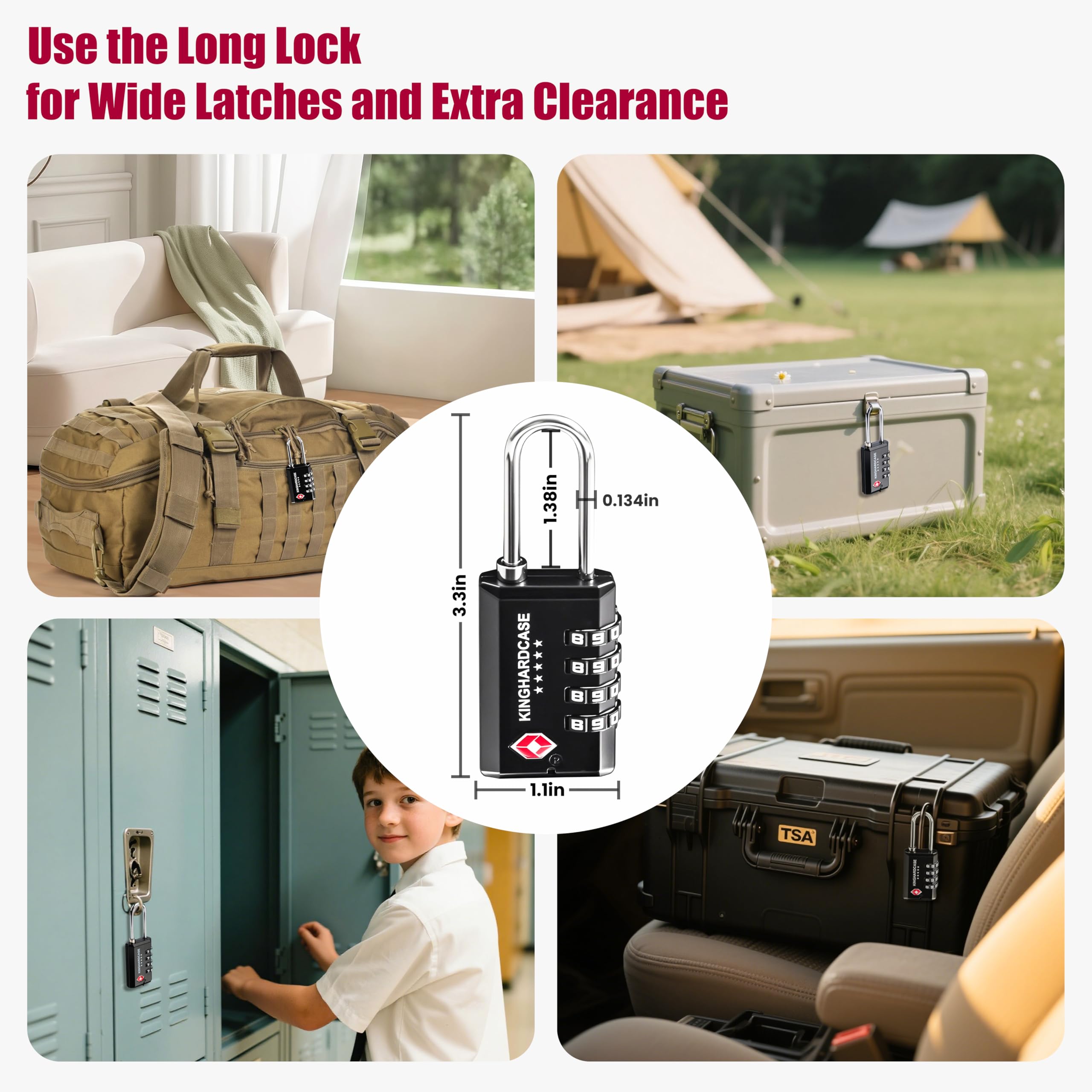 Kinghardcase Serratura lunga TSA a 4 cifre, confezione da 2 serrature per bagagli per viaggi aerei, sicurezza durevole e resistente al taglio per pistole, fucili, munizioni, design con codice