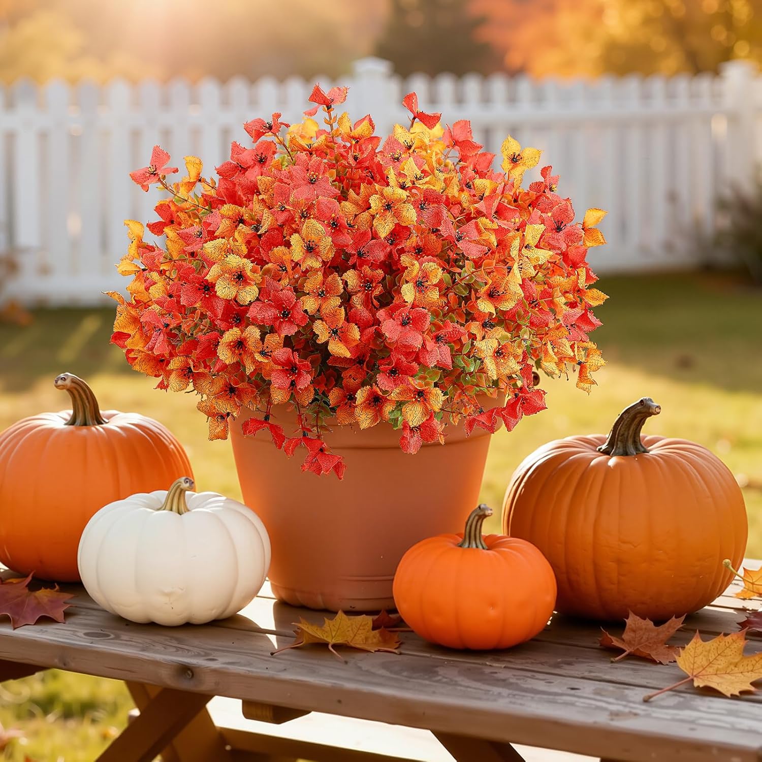 SHareconn 20 Bundles Artificial Fall Flowers Outdoors Decoration, Fake Silk mums Eucalyptus Realistic UV Resistant Faux Plants for Outside Indoor Planter Porch Yard Home Autumn Decor, Orange Yellow - Image 6