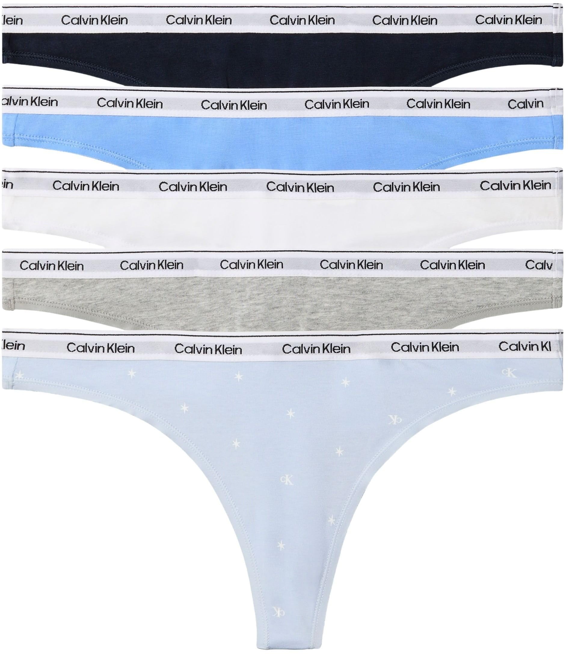 Calvin Klein Women THONG 5 PK BLUE (SHORELINE/BLUE DESCENT/WHITE/GRE) M