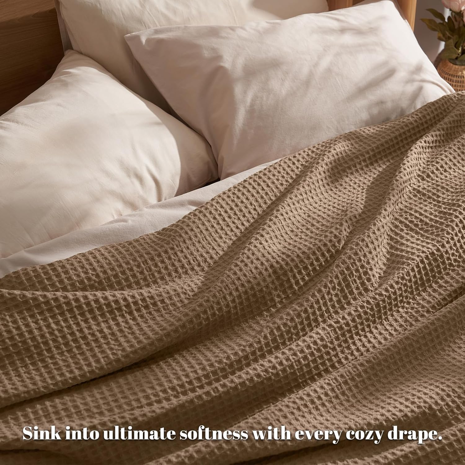 PHF Ultra Soft Waffle Weave Blanket Queen Size 90"x 90"- Washed Lightweight Breathable Cozy Woven Blanket for Bed - Aesthetic Decor for Couch Bedding Sofa Home Car - Mocha