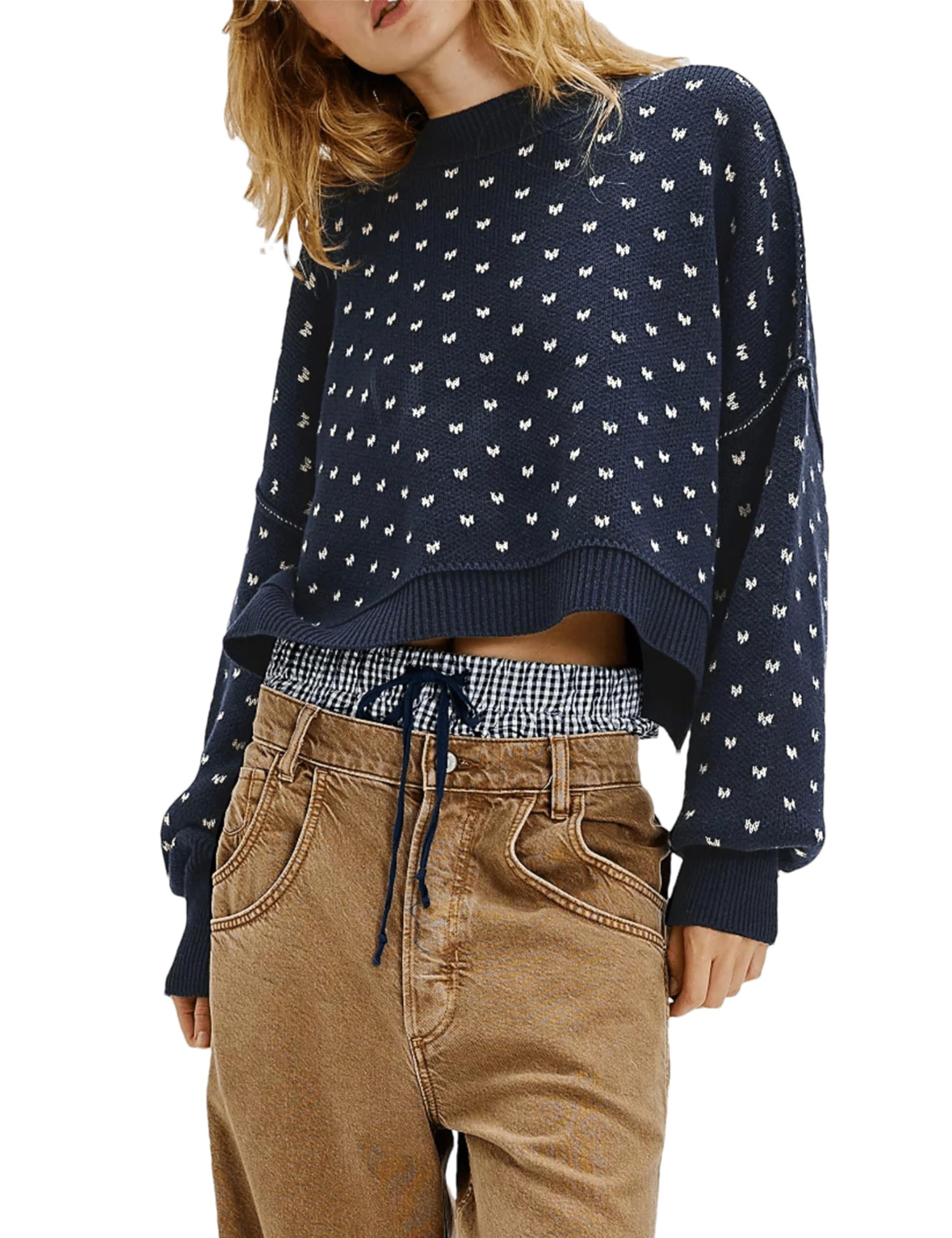 Chejooe Unisex Navy Women's Polka Dot Sweater Knit Jumpers Long Sleeve Baggy Sweatshirts Topsoversized Elegant Casual Loose Pullover For Fall And Winter(,Xl)