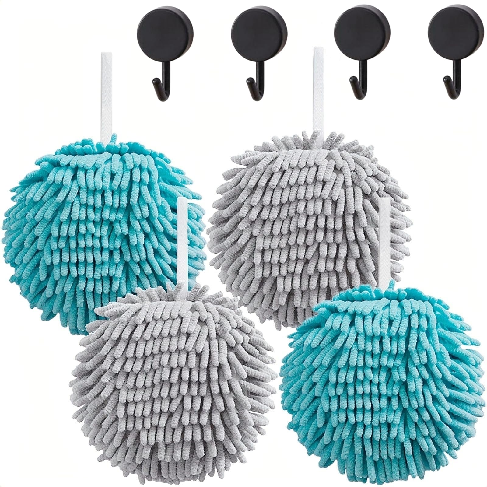 Lot de 4 serviettes à main pelucheuses pour salle de bain avec 4 crochets (2 gris + 2 bleus)