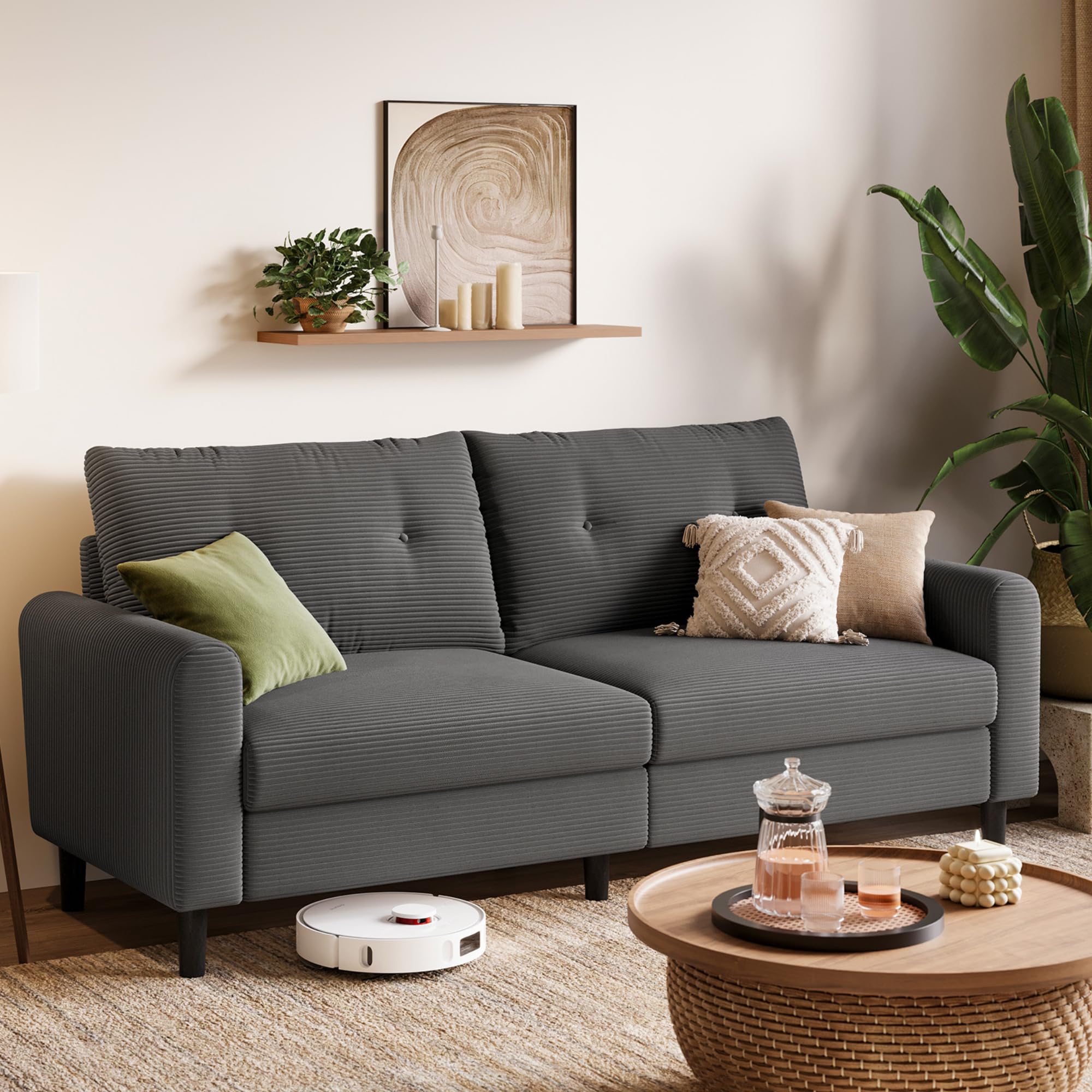 LINSY HOME 3-Seater Sofa, 201 cm Wide Sofas with Adjustable Seat Depth, Small Sofa Couch for Living Room, Bedroom, Home, Office, Beige