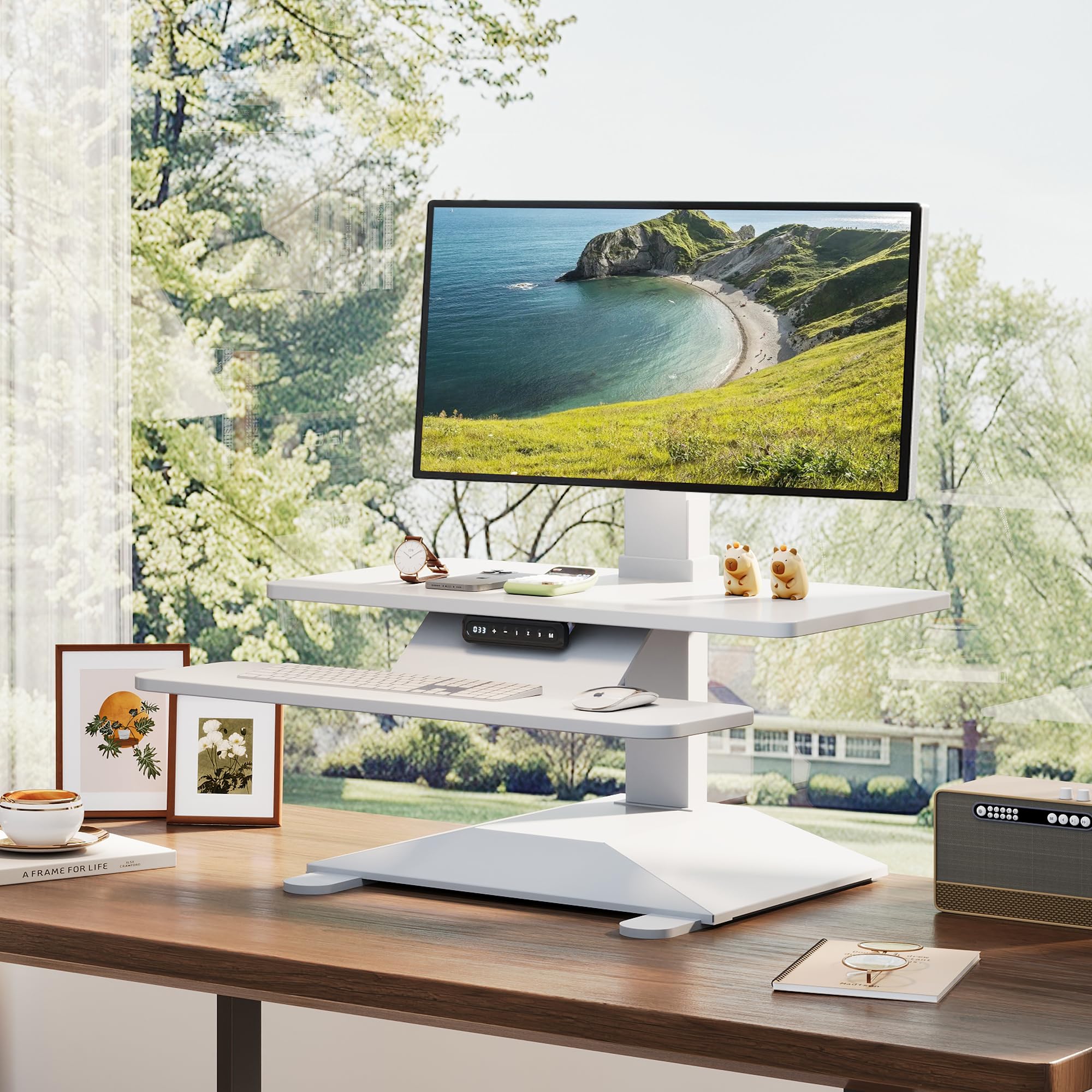 Electric Standing Desk Converter 28" Wide, Height Adjustable Desk Riser, Computer Workstation, Sit-Stand Convertor for Home, Office, School (White, 1 Arm Included)