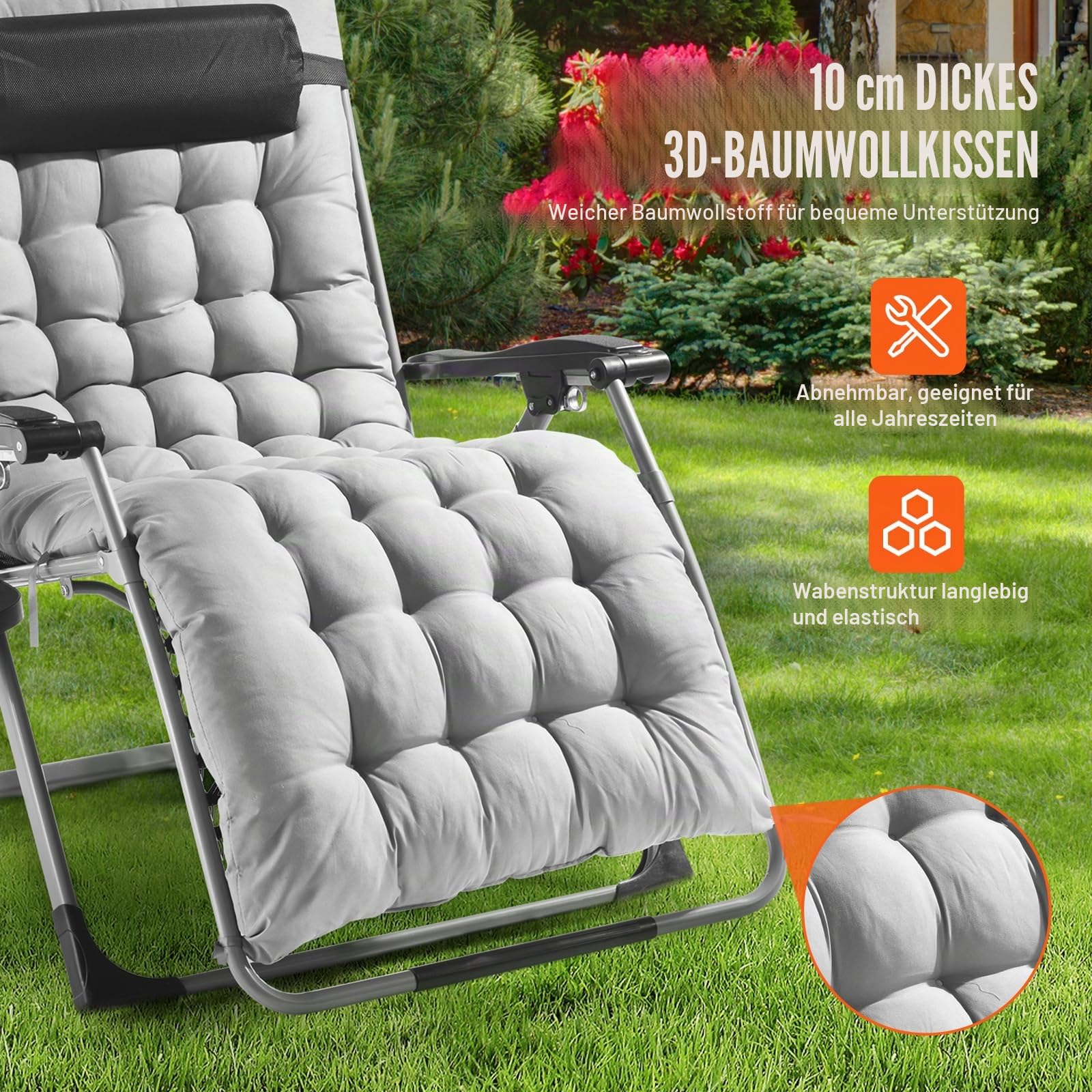 VEVOR Sonnenliege Liegestuhl Klappbar & Wetterfest, Gartenstuhl Belastbar 226,8 kg Verstellbarer Anti-Schwerkraftstuhl mit Kissen, Kopfstütze, Fußstütze, Getränkehalter, 83,82 cm Gartenliege, Grau