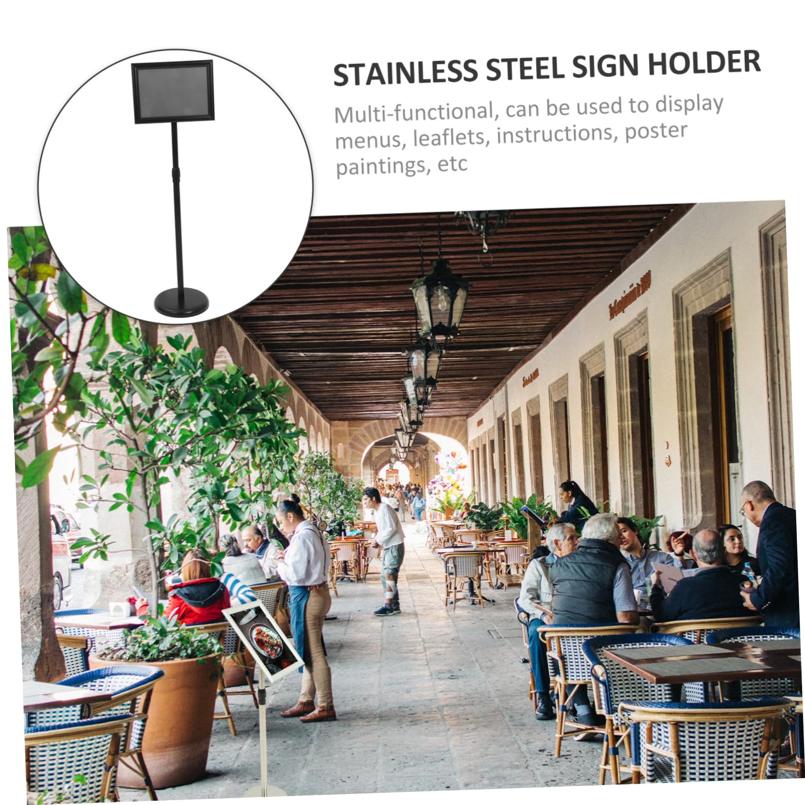 Soporte para Carteles de Suelo A4 Negro de Acero Inoxidable | Estructura Simple, Instalación Fácil, Portátil, Acabado en Pp, Formato Comercial