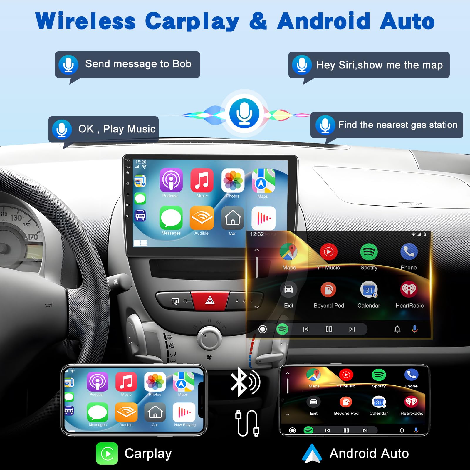 [2G+64G] Android Autoradio per Toyota Aygo/Peugeot 107/Citroen C1 2004-2014 con Senza Fili Carplay e Android Auto, Autoradio Touch Screen HD da 10,1 pollici con GPS/WiFi/Bluetooth/EQ/FM RDS