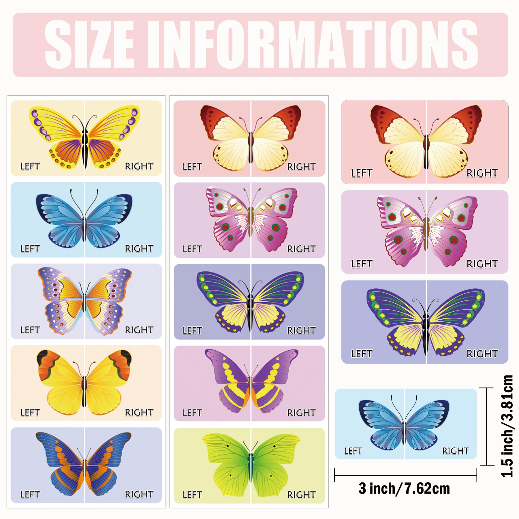 SMARSTICKER 80Pcs Kids Cute Right Left Farm Animal Stickers 3 x 1.5 Inch - Cartoon Butterfly Shoe Stickers for Early Learning - Image 2
