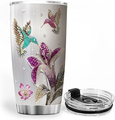Miniatura 3 de ZOXIX Vaso de colibrí personalizado con nombre, 20 onzas, estilo de joyería, floral, animal, pájaro, taza de café con tapa, regalo de cumpleaños de