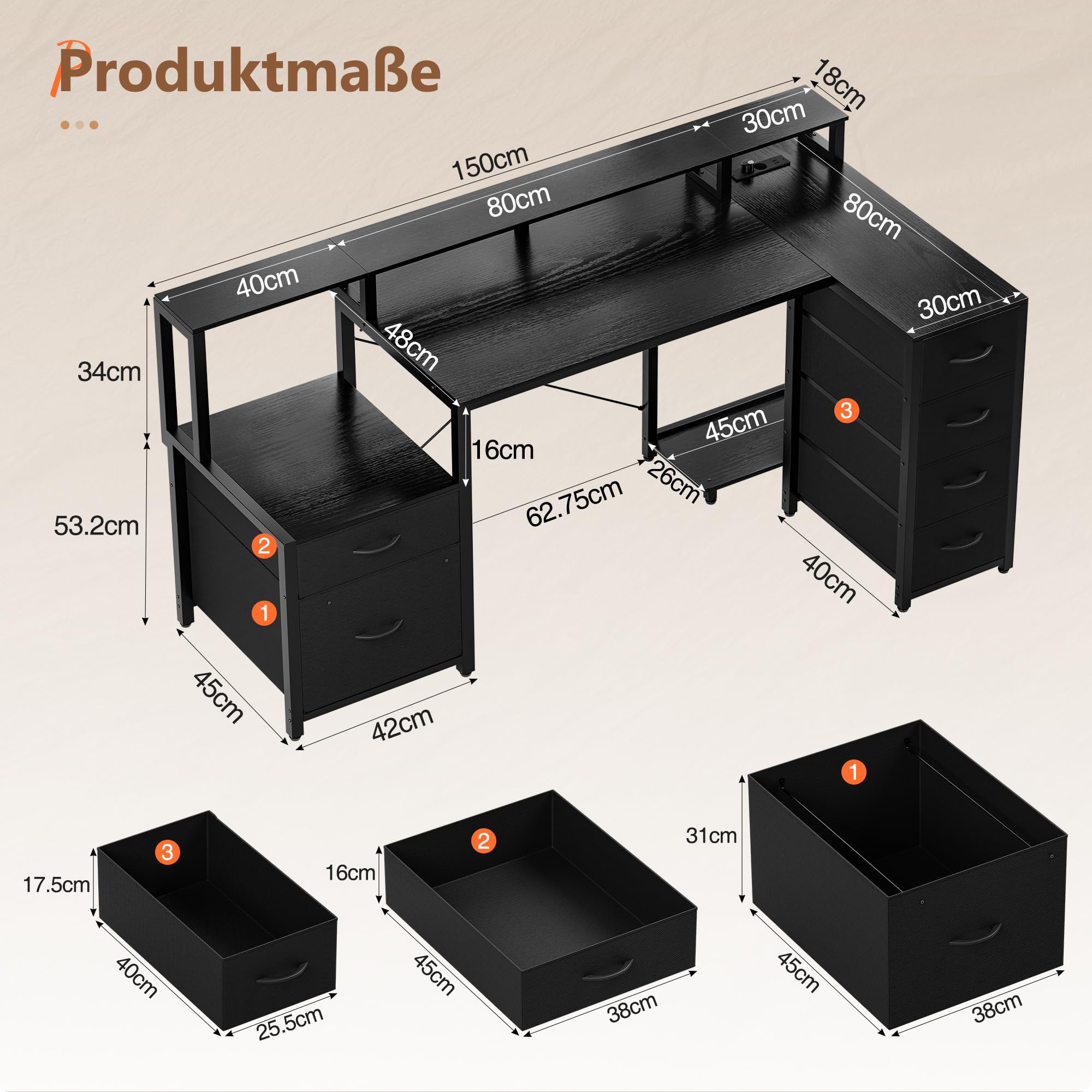 YOUDENOVA Schreibtisch L Form mit Schubladen, 150x80cm Eckschreibtisch mit LED & Steckdose & USB, Reversibel Gaming Tisch mit Monitorständer, Stauraum, Computertisch für Homeoffice & Gaming, Schwarz