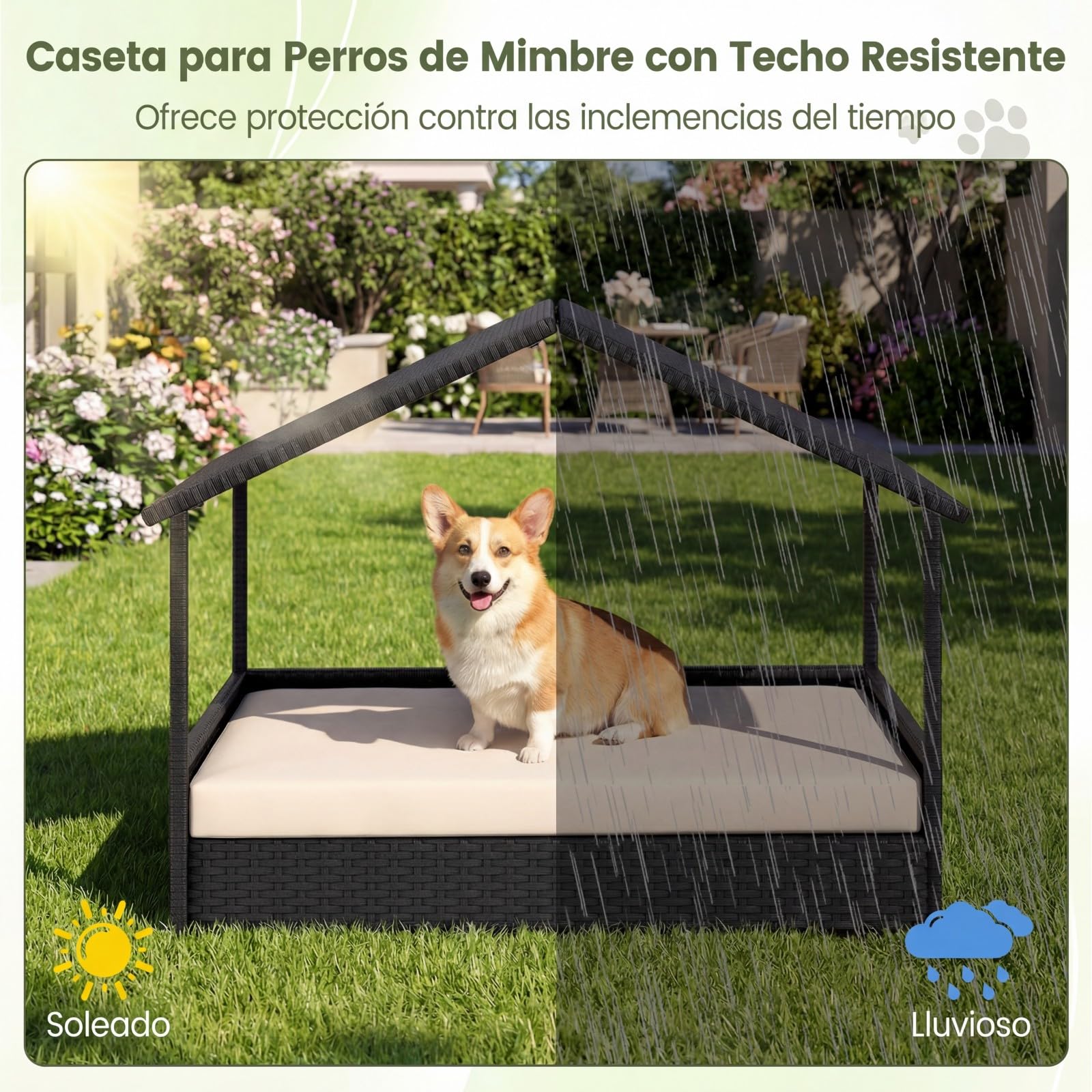 COSTWAY Caseta para Perros Exterior e Interior, Casa Perro de Ratán Grande con Dosel, Base Elevada, Cojín Removible, Estructura Metálica, Cama Elevada para Mascotas, Carga 60 kg, 98x69x74 cm (Beige)