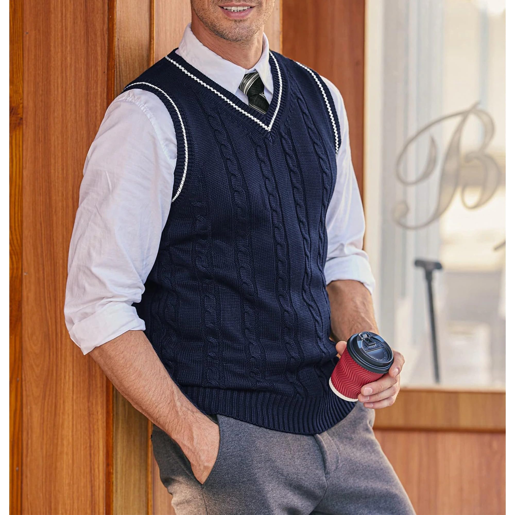 Chaleco de punto trenzado con cuello en V para hombre, ajuste relajado, sin mangas, suéter de punto cálido y ligero