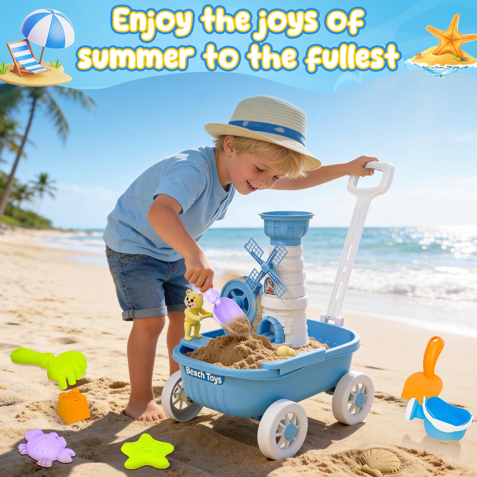 deAO Carretilla de Juguete para Niños, Set de Playa y Jardinería 21 Piezas - Incluye Carretilla, Rastrillo, Pala, Regadera, Molde de Agua y Moldes de Arena - Juguete Exterior para Niños 3 4 5 6 7 Años