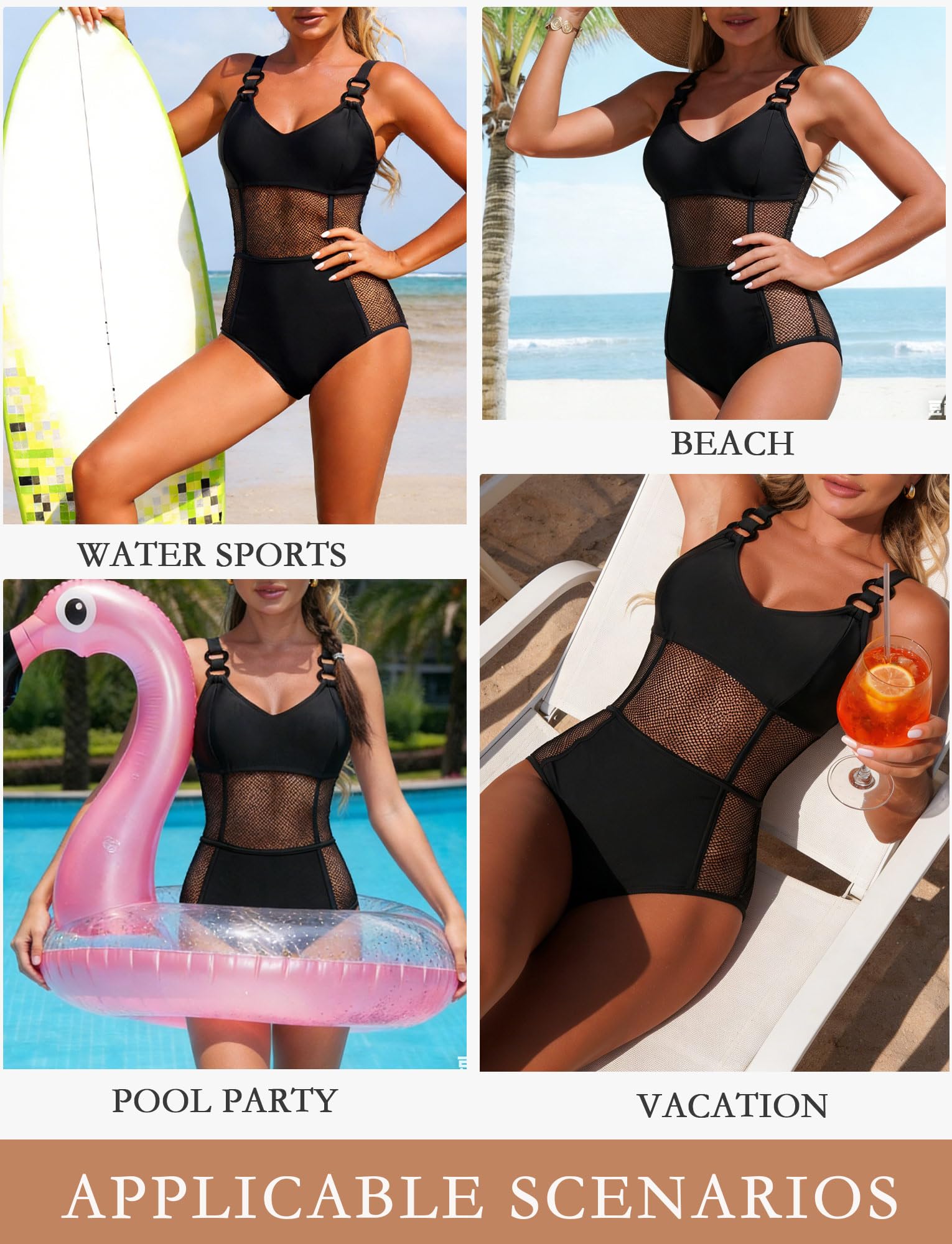 Maeau - Costume da bagno da donna sexy con scollo a V con scollo a V e pancia piatta in rete, push up, tuta da nuoto S-XL