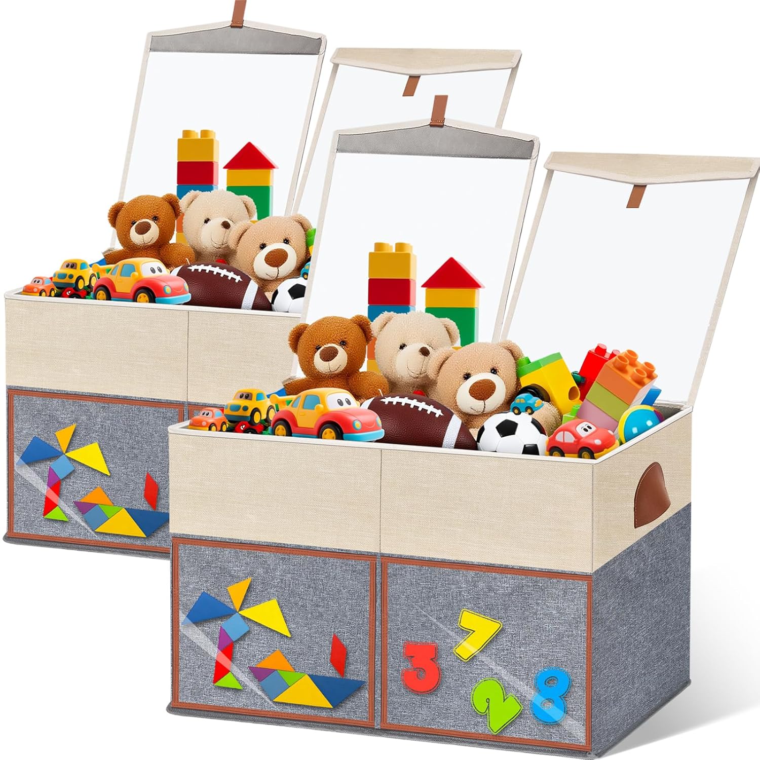 2 Pack Large Toy Storage Box with Clear Lids Collapsible Toy Organizer Chest with Adjustable Dividers Kids Storage Bin Basket for Boys Girls Living Room Nursery Playroom Closet Beige and Grey Beige and Grey 2 Pack
