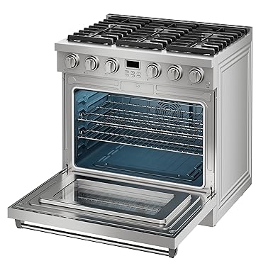 36 Inch Gas Range with 6.0 Cu.Ft True Convection Oven - 6 Sealed Burners, 6 Functions, Heavy Duty Continuous Grates, Stainless Steel, Freestanding/Slide-In Installation, Silver
