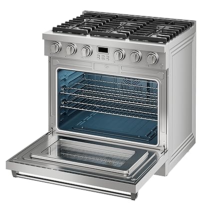 36 Inch Gas Range with 6.0 Cu.Ft True Convection Oven - 6 Sealed Burners, 6 Functions, Heavy Duty Continuous Grates, Stainless Steel, Freestanding/Slide-In Installation, Silver