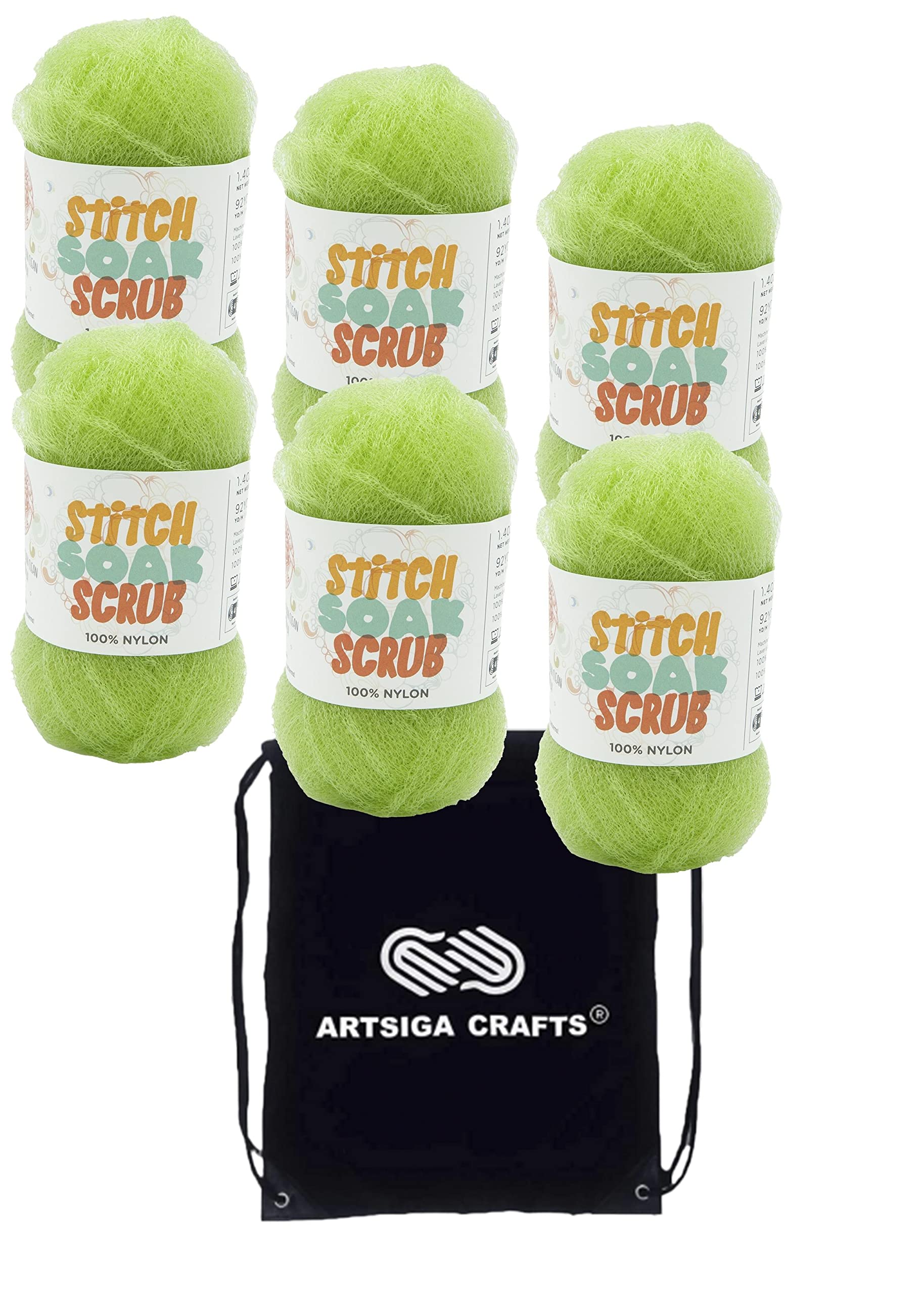 Lion Brand Stitch Soak Scrub Yarn Chartreuse 781-194 (6-Skein) Same Dyelot Worsted Medium #4 Soft Knitting Yarn Crochet 100% Nylon Bundle with 1 Artsiga Craft Bag