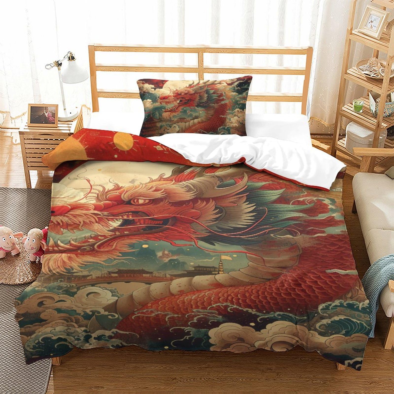 Housse de couette dragon 3D anti-plis avec fermeture éclair pour lit 1 personne