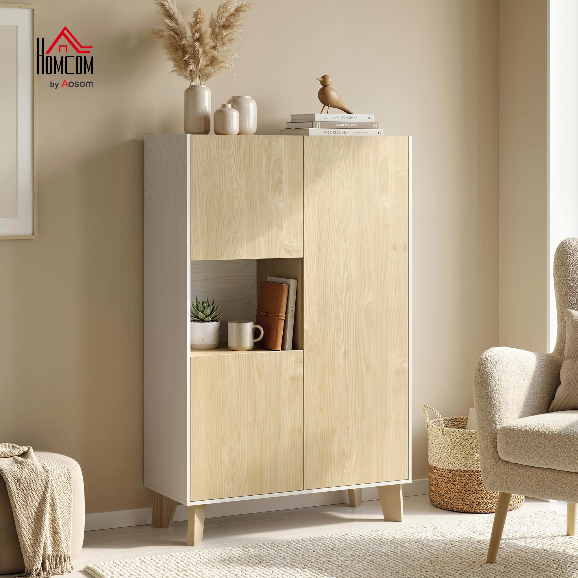 HOMCOM Credenza Cucina, Mobile Cucina 6 Scomparti Bianco e Color Legno | Credenza Buffet, Ante a Chiusura Ammortizzata, Soggiorno, Salotto, Sala da Pranzo