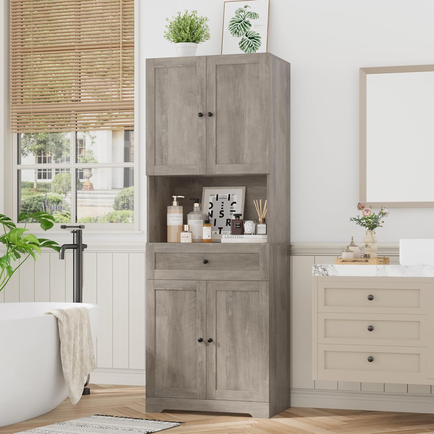 Tall Bathroom Storage Cabinets with Drawer, Farmhouse Linen Cabinet with Doors & Shelves, 67” Tall Storage Cabinet Freestanding for Bathroom, Dining Room, Kitchen, Pantry, Laundry, Narrow Corner,Brown